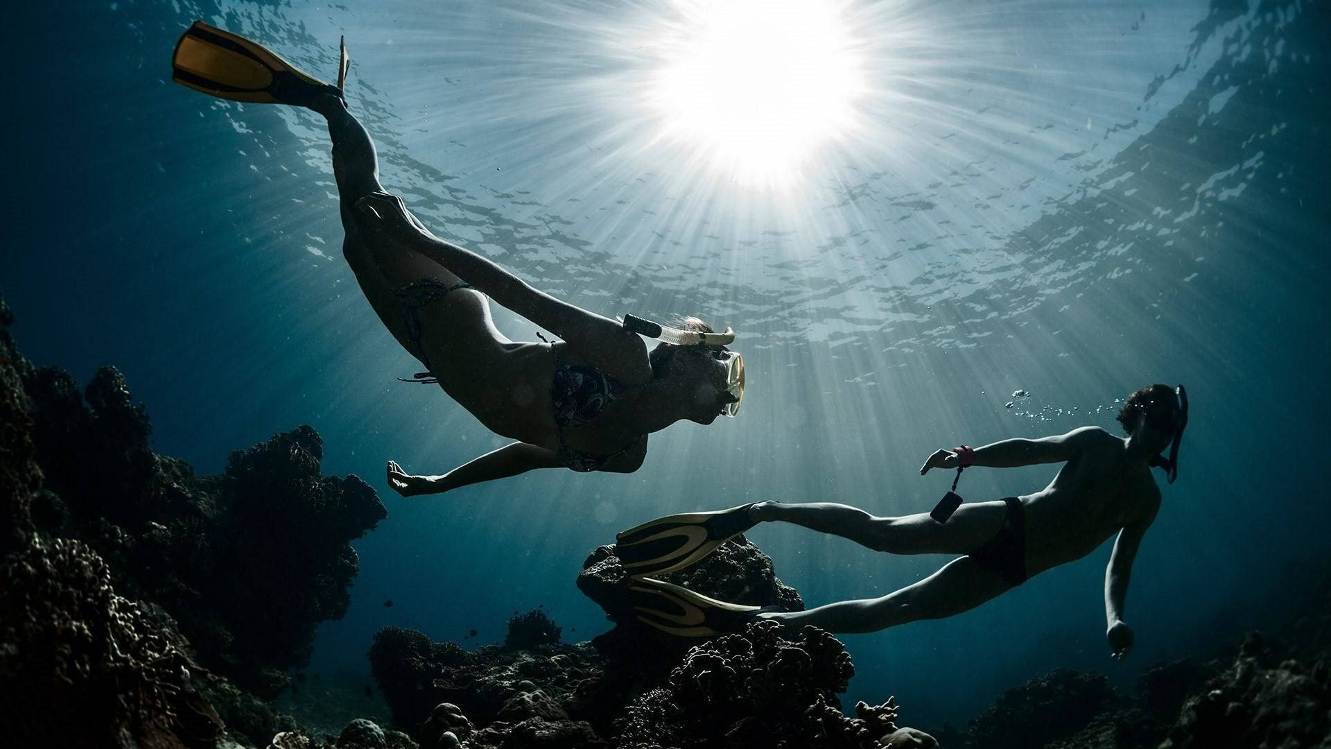 Diving Couple Above The Coral Reefs Wallpaper