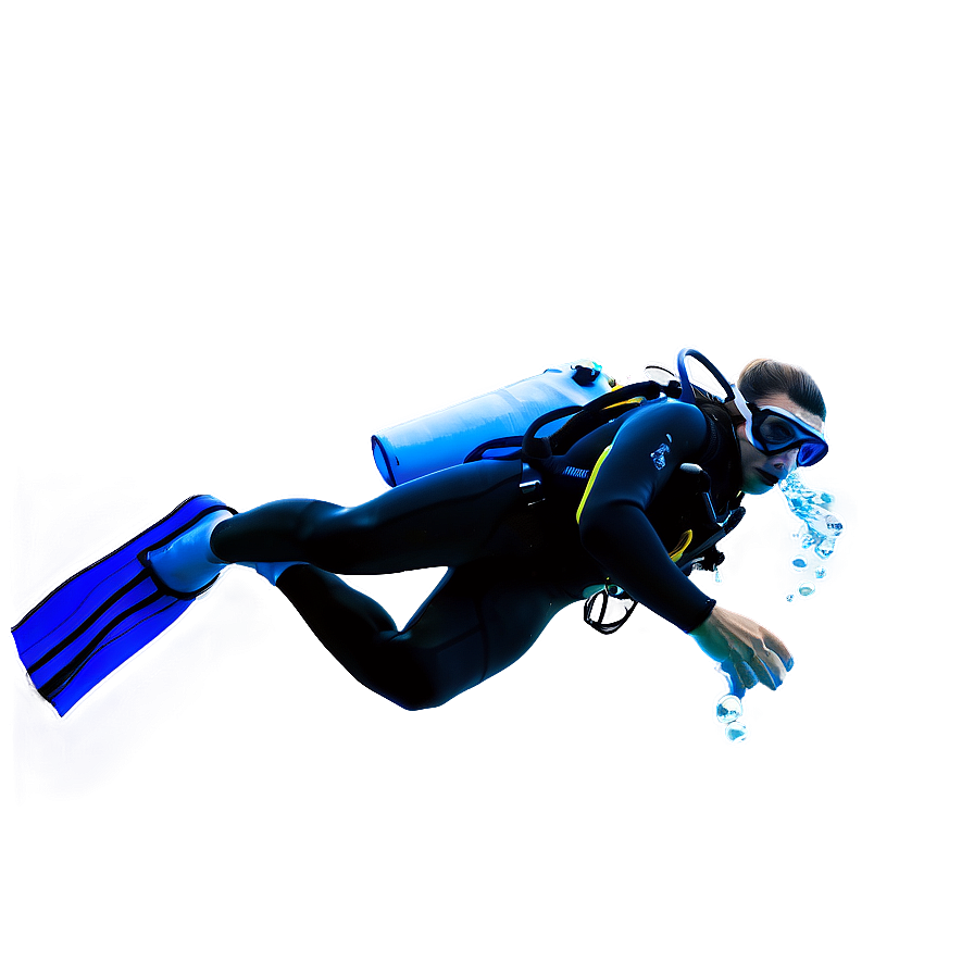 A scuba diver swimming underwater with glowing bubbles and blue fins.