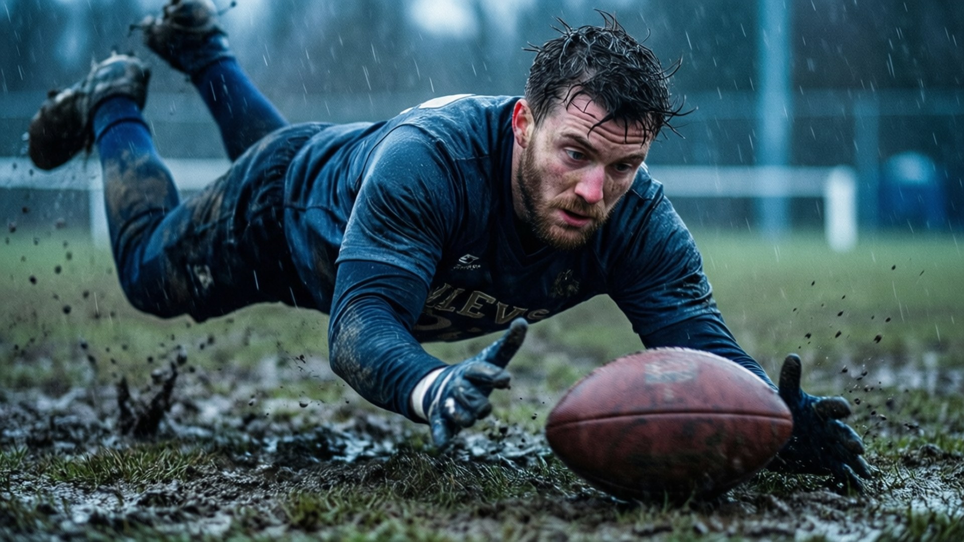Rugbyspelare dyker i lera under regn för att fånga bollen.