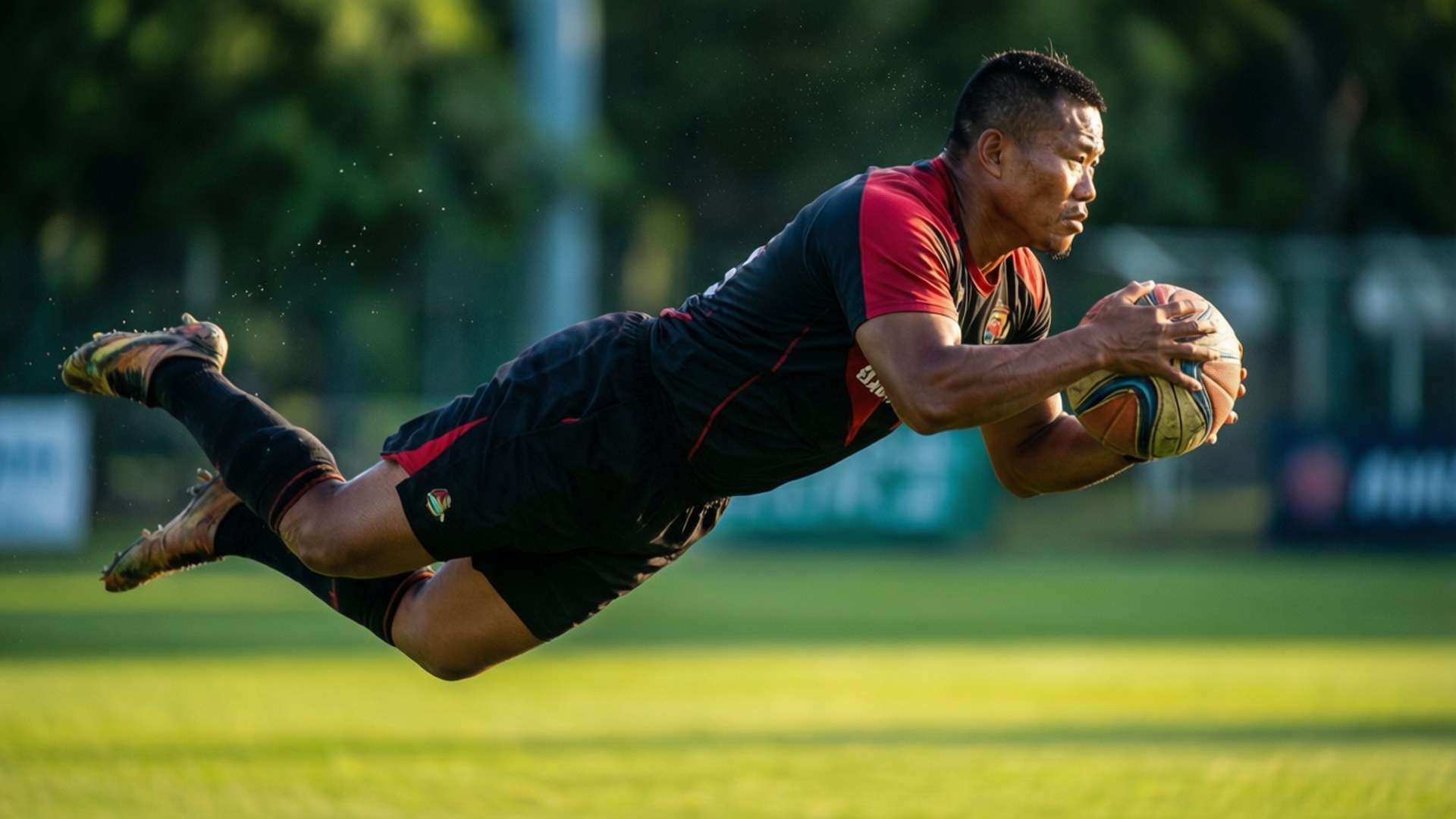 Rugby player diving for the ball on a grass field wallpaper