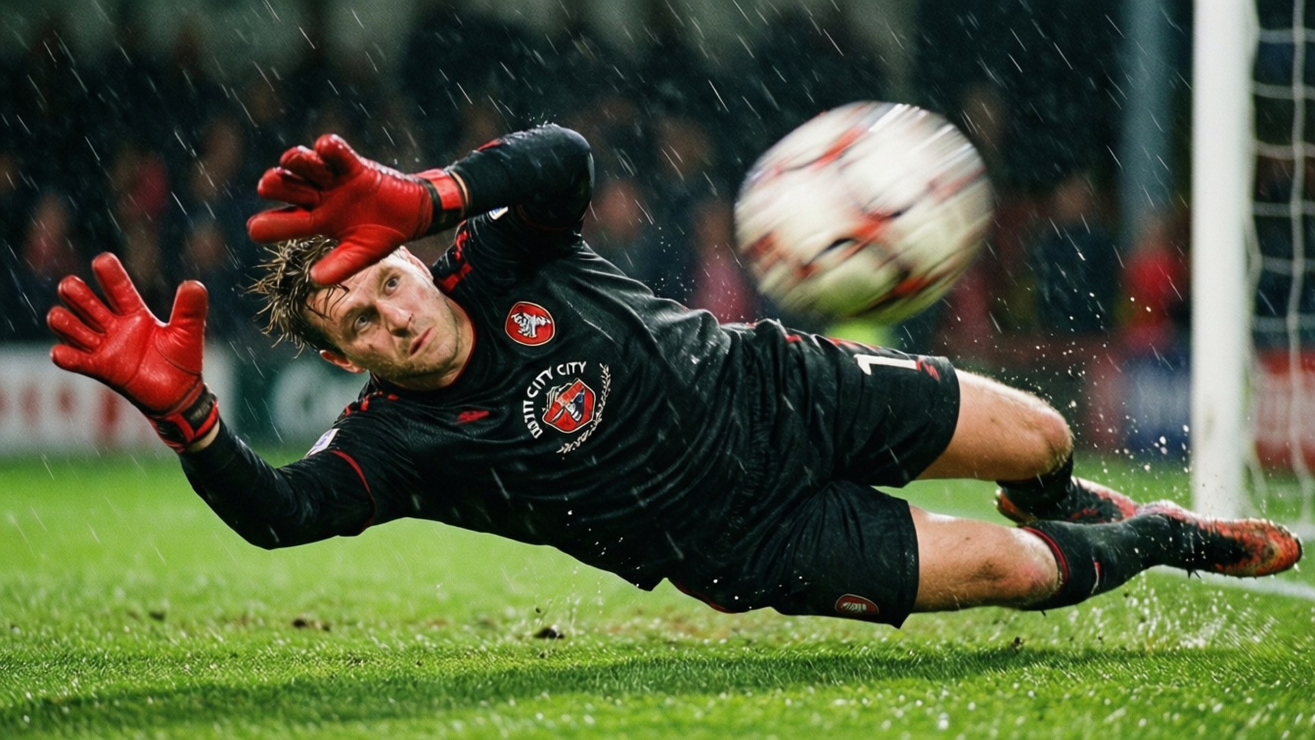 Soccer goalkeeper diving to save a ball in the rain. wallpaper