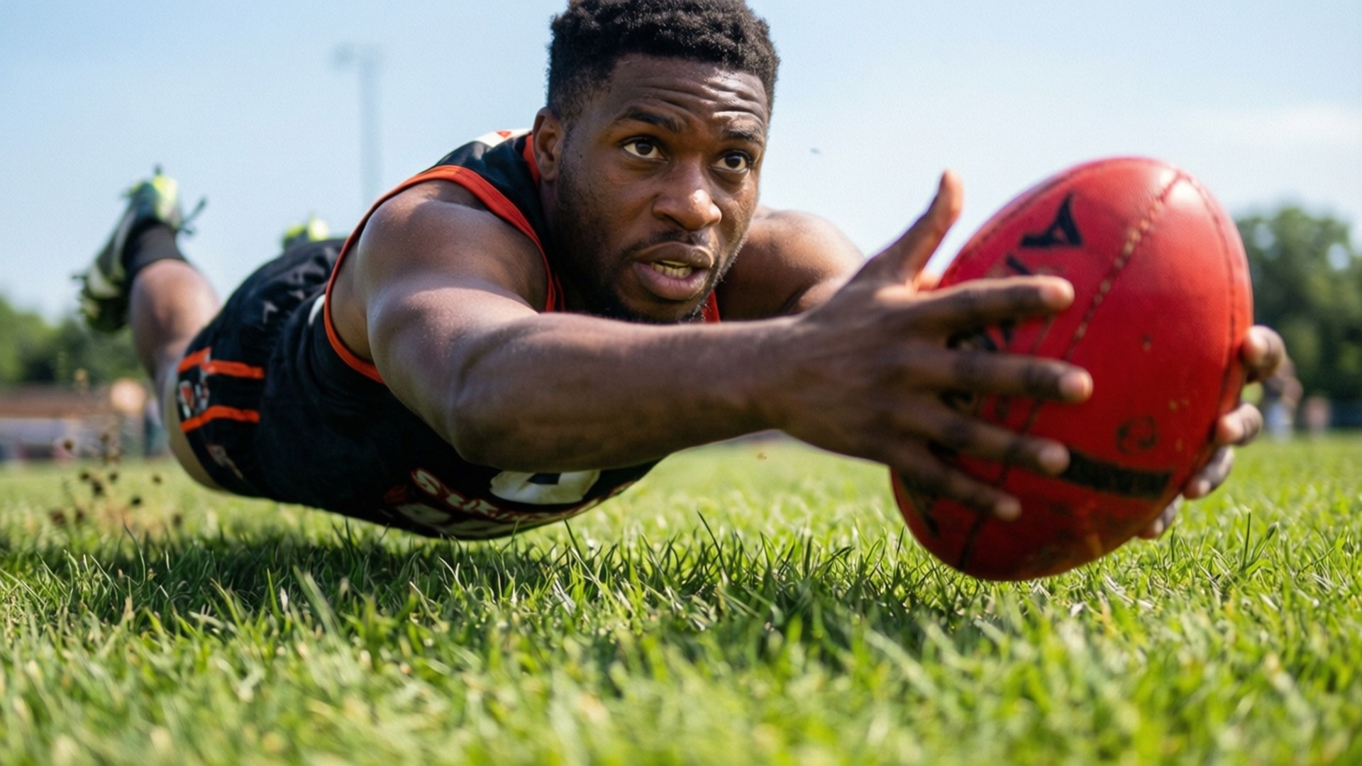 Jameson Williams effettua una presa in tuffo, completamente esteso con la punta delle dita sul pallone.