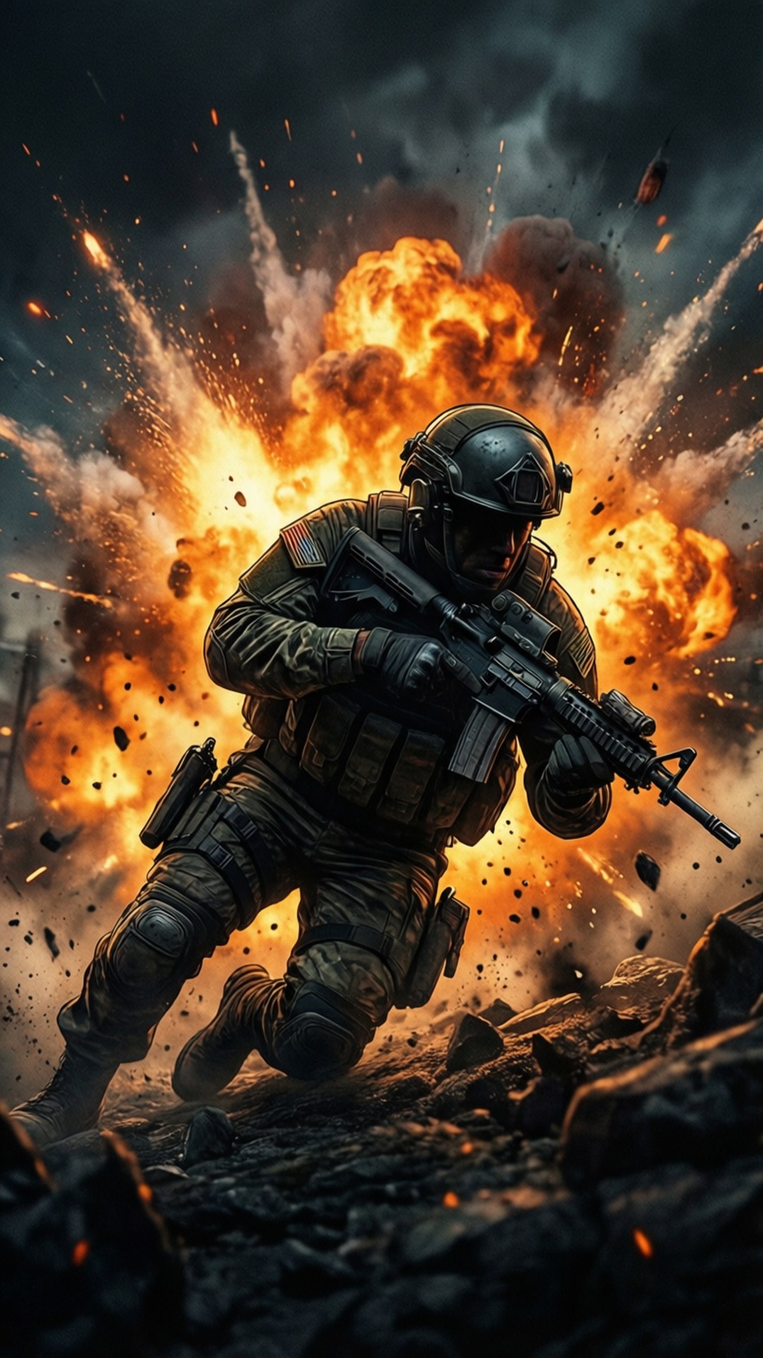 Soldier diving as explosions burst behind, dynamic action scene.