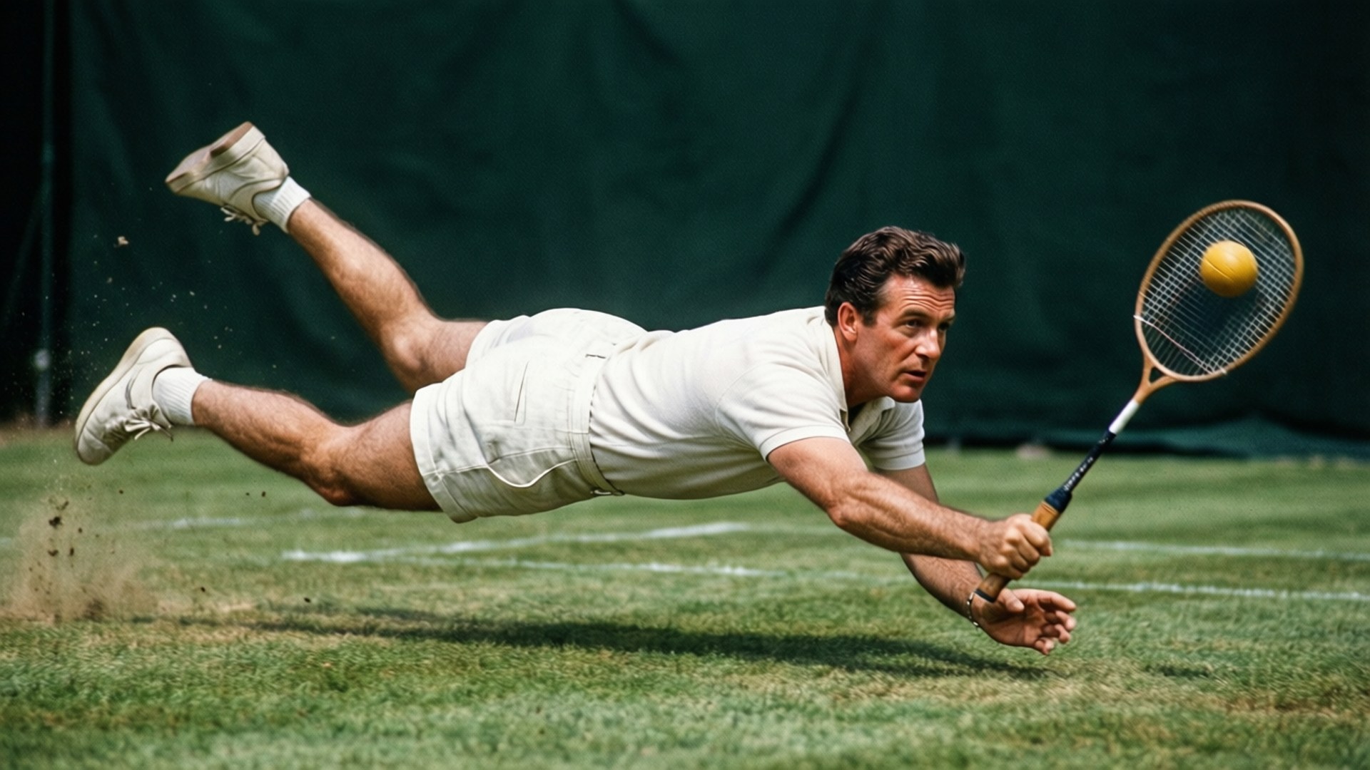 Lew Hoad duikt voor een volley, dynamische beweging.