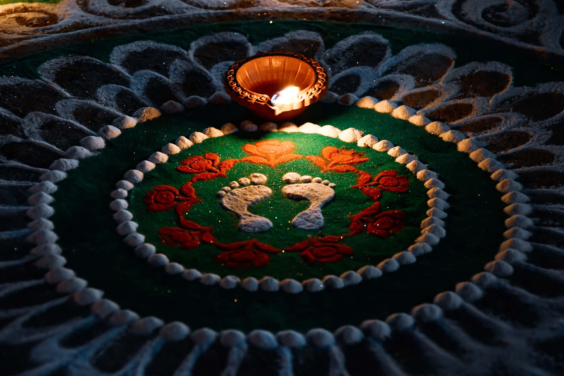 Single Candle On Rangoli Platform Diwali Background