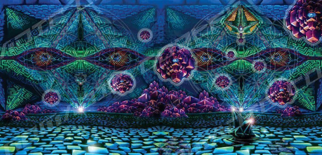 A Surreal DMT Experience Unfolding in a Vibrant Landscape