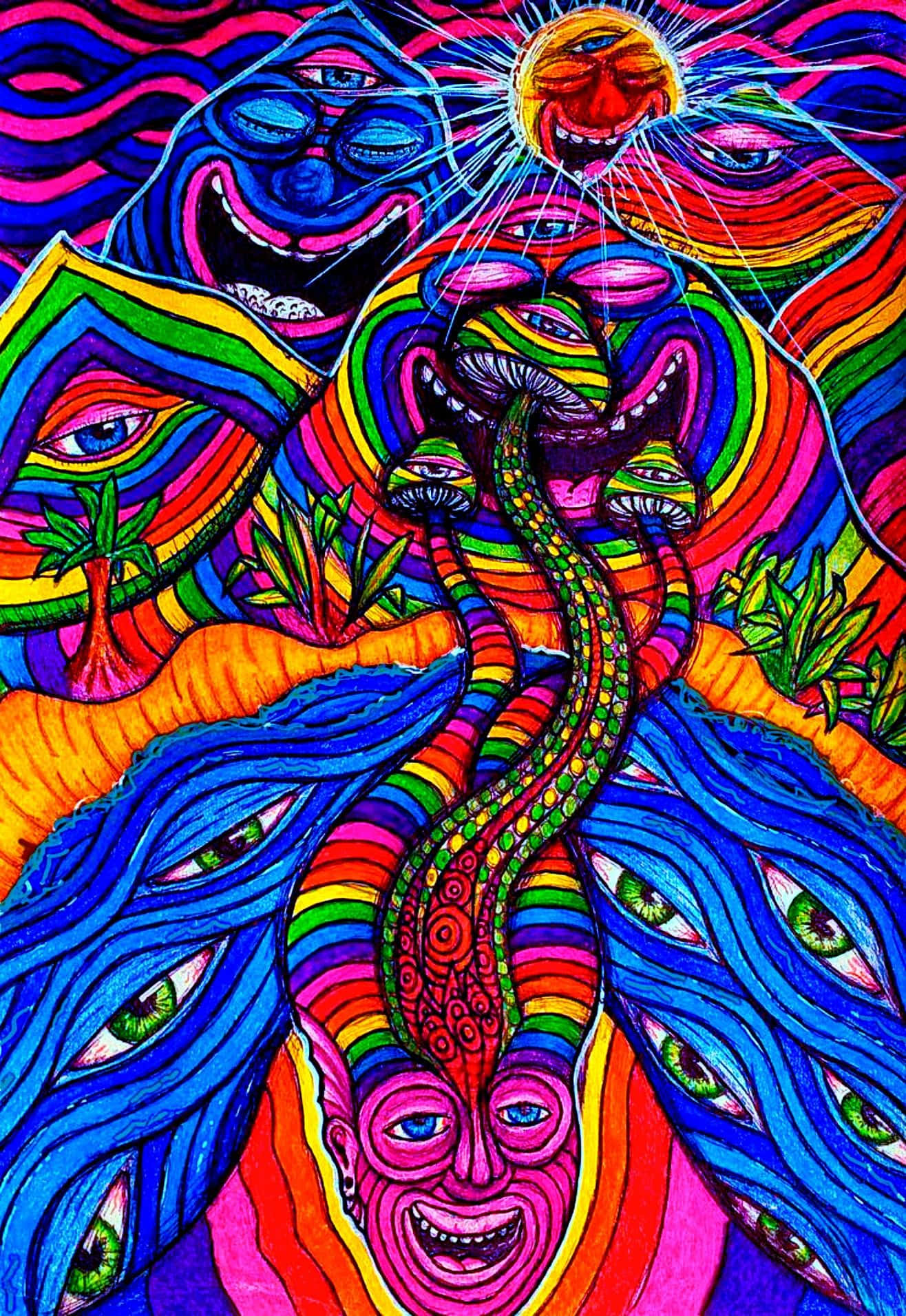 Et farverigt psykedelisk maleri med en regnbue og en regnbuesvirvel. Wallpaper