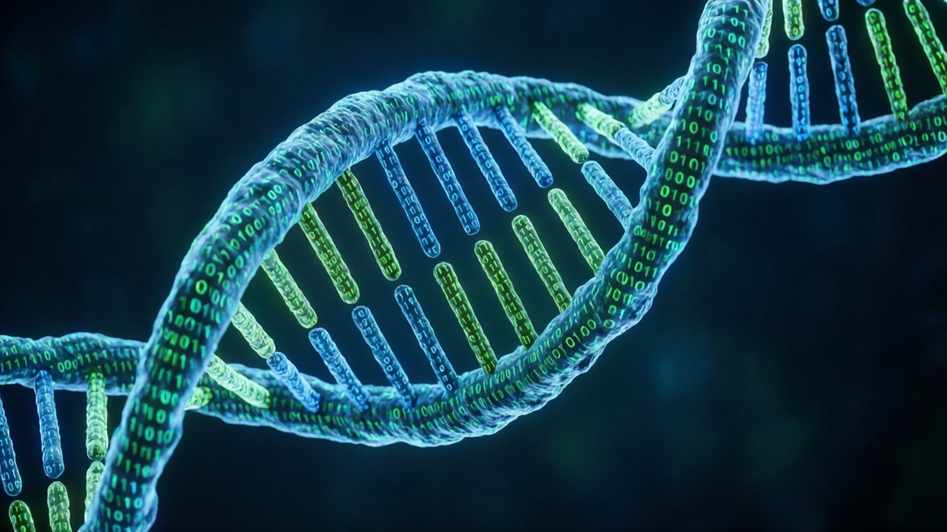 DNA Code Helix Wallpaper — A glowing blue and green DNA double helix with binary code flowing along its strands against a dark background.