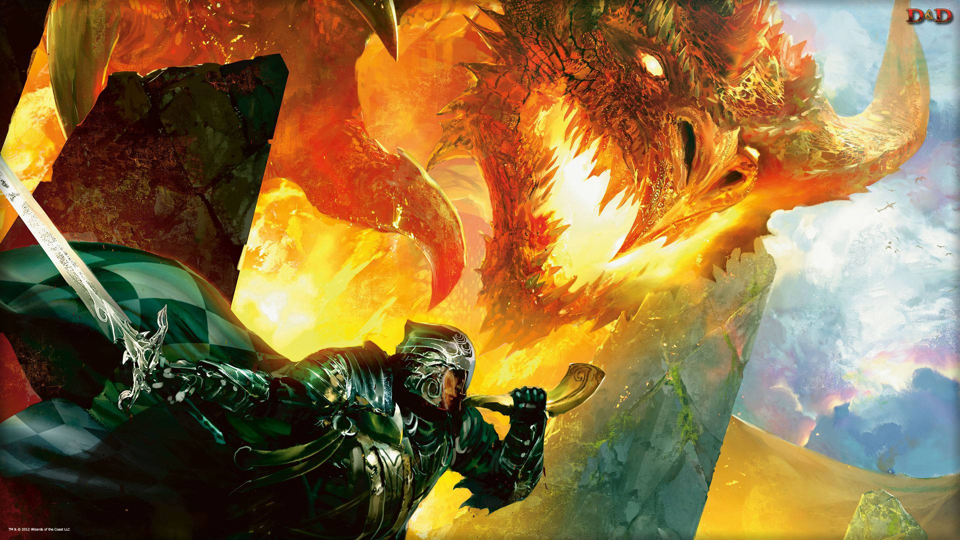 A ferocious fire dragon attacks a group of adventurers in a DnD campaign Wallpaper