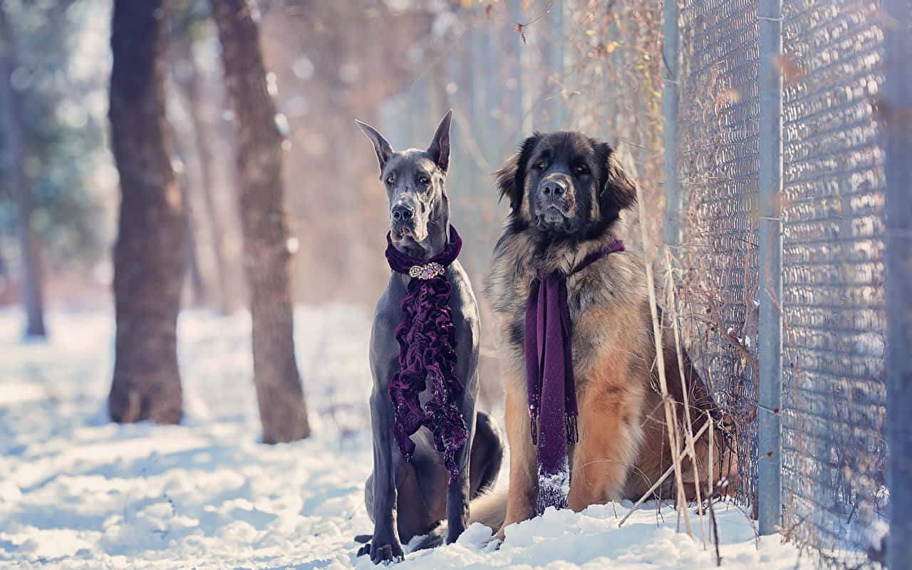 To hunde siddende i sneen ved siden af et hegn Wallpaper