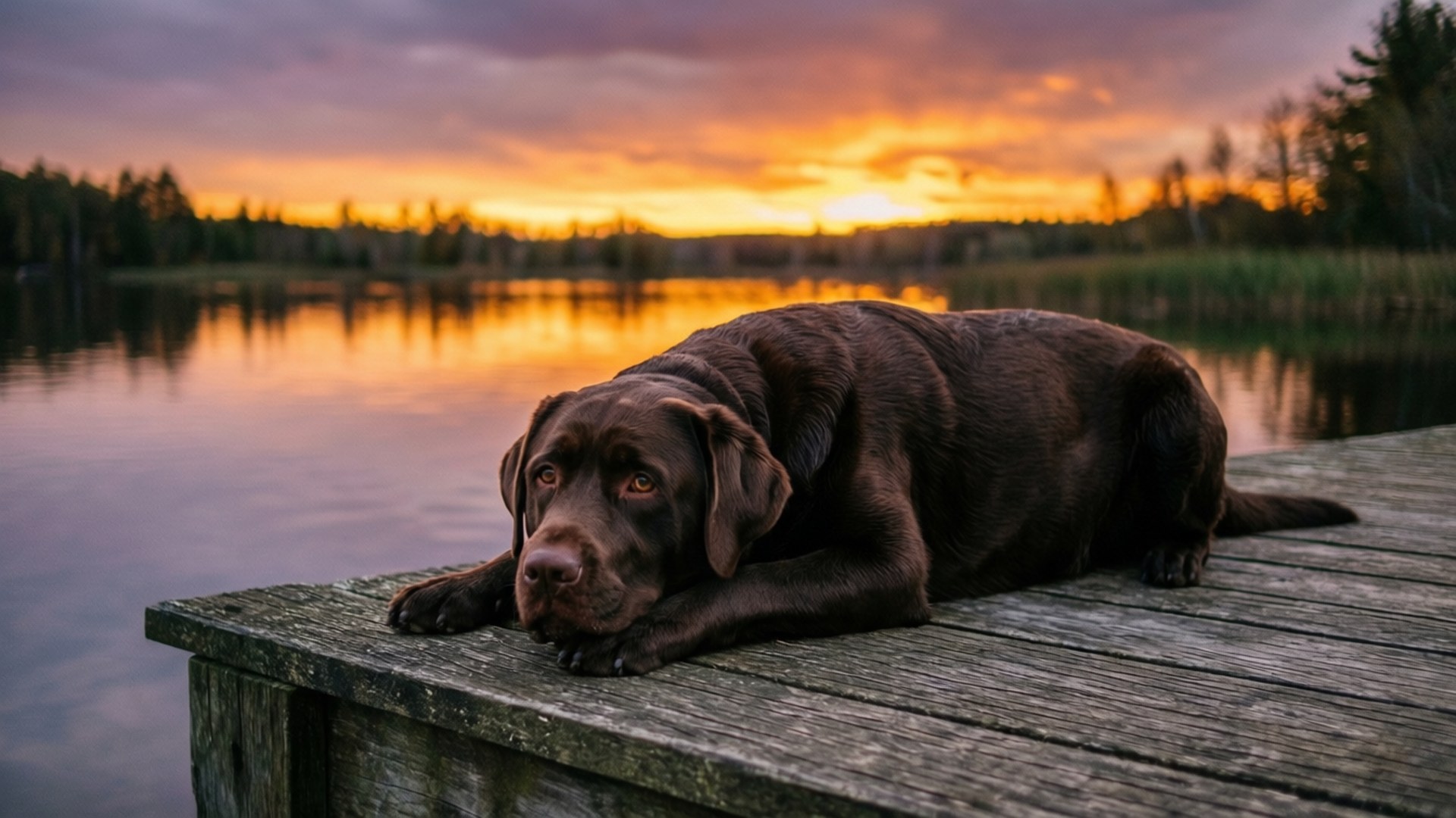 Dock Serenity Papéis de Parede — Um Labrador chocolate descansa pacificamente em um cais de madeira desgastado, enquanto um pôr do sol ardente pinta o céu e se reflete no lago calmo atrás dele.