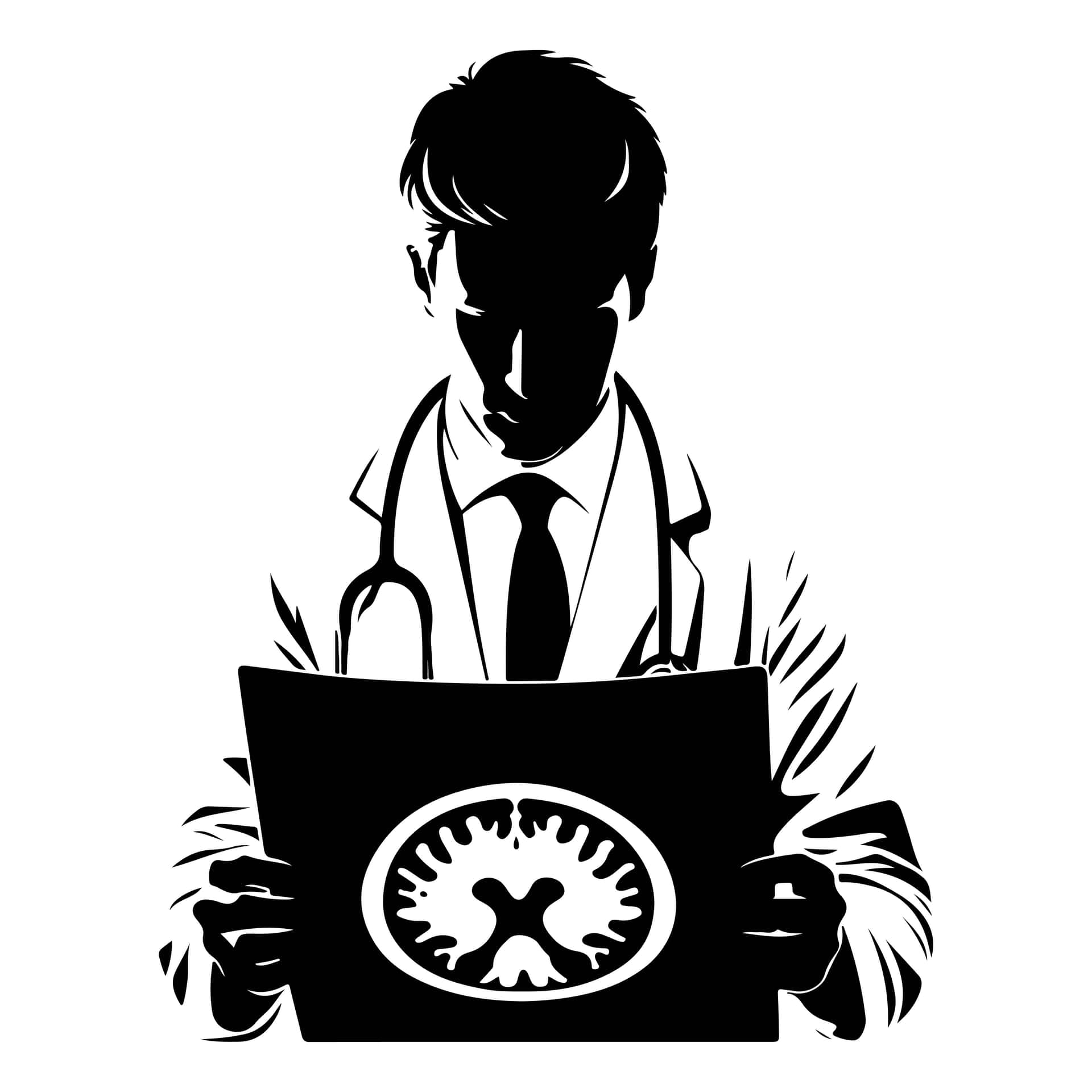 Doctor In Silhouette Intently Examining A Detailed Medical Scan Featuring A Brain Structure For Diag Wallpaper