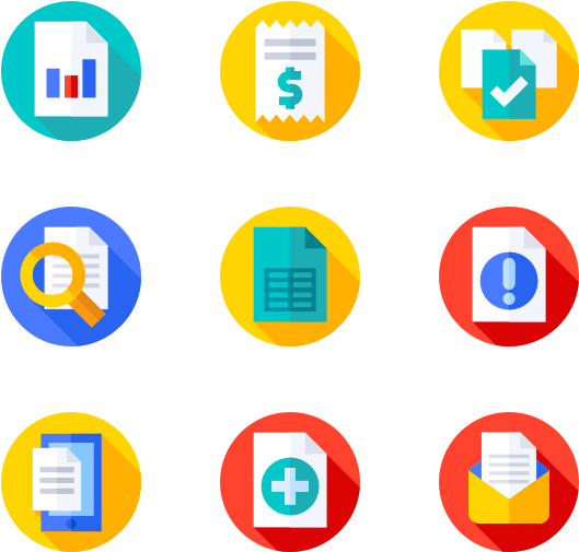 Document Icons Set PNG — Nine colorful flat design icons on black background represent documents finance search and alerts.