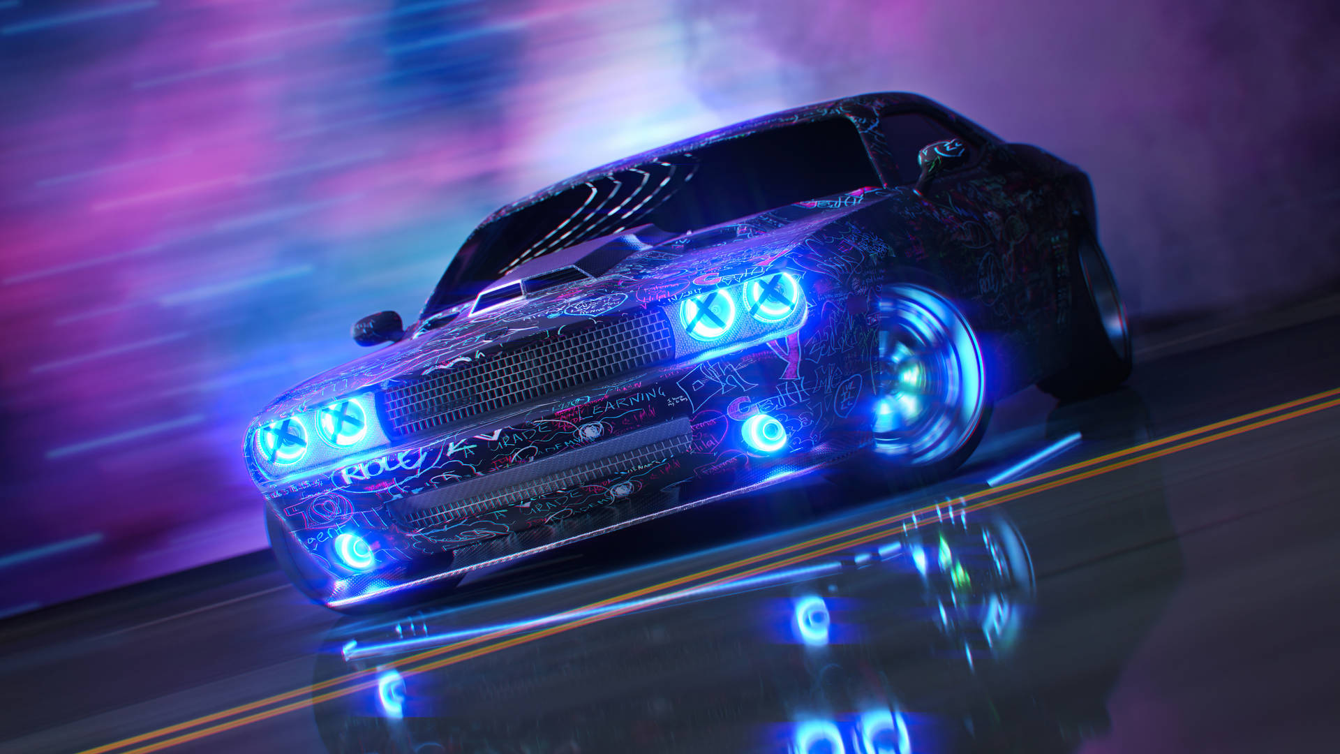 Download Dodge Challenger Demon 4k Neon Headlights And Wheels Wallpaper |  