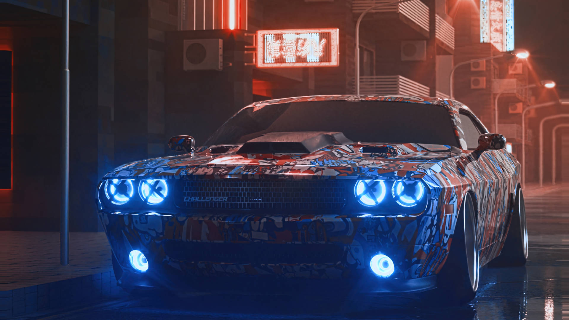 Dodge Challenger Demon 4K Neon Headlights Wallpaper