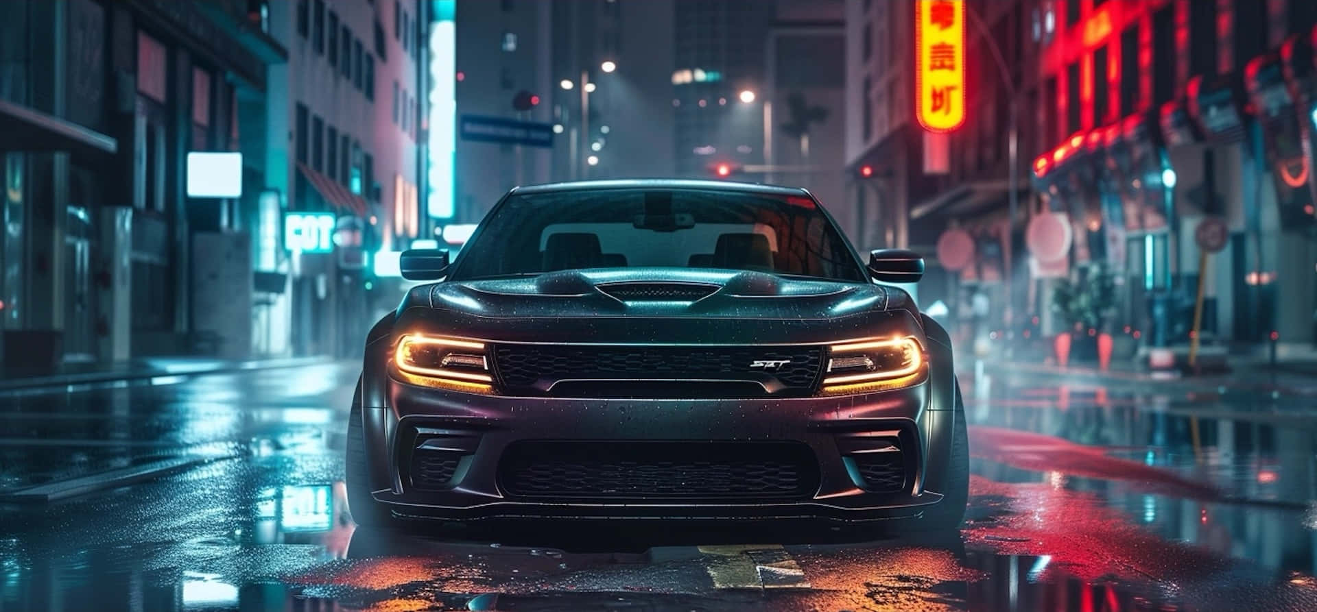 Dodge Charger Hellcat Night Cityscape Wallpaper