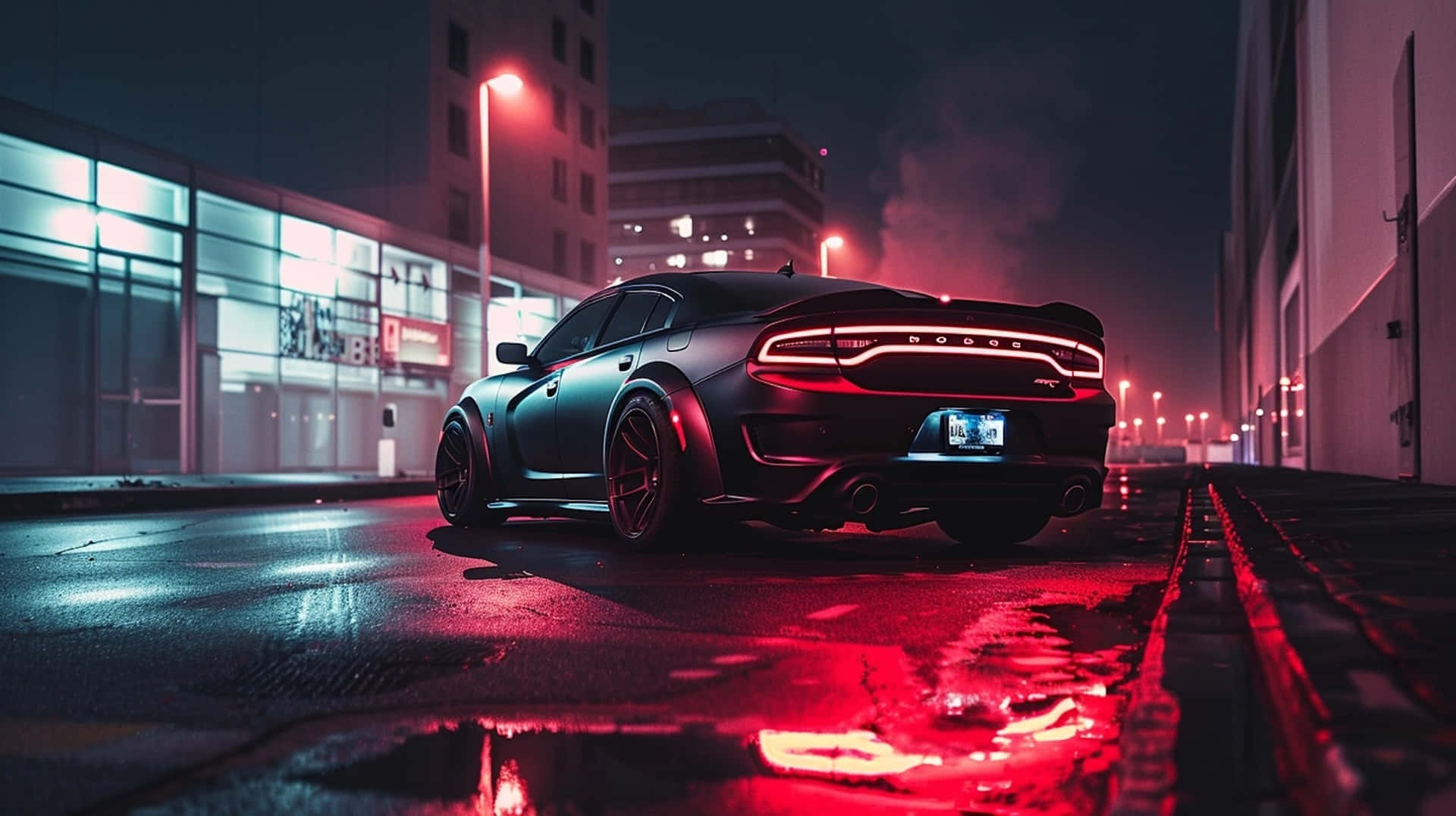 Dodge Charger Hellcat Nighttime Cityscape Wallpaper