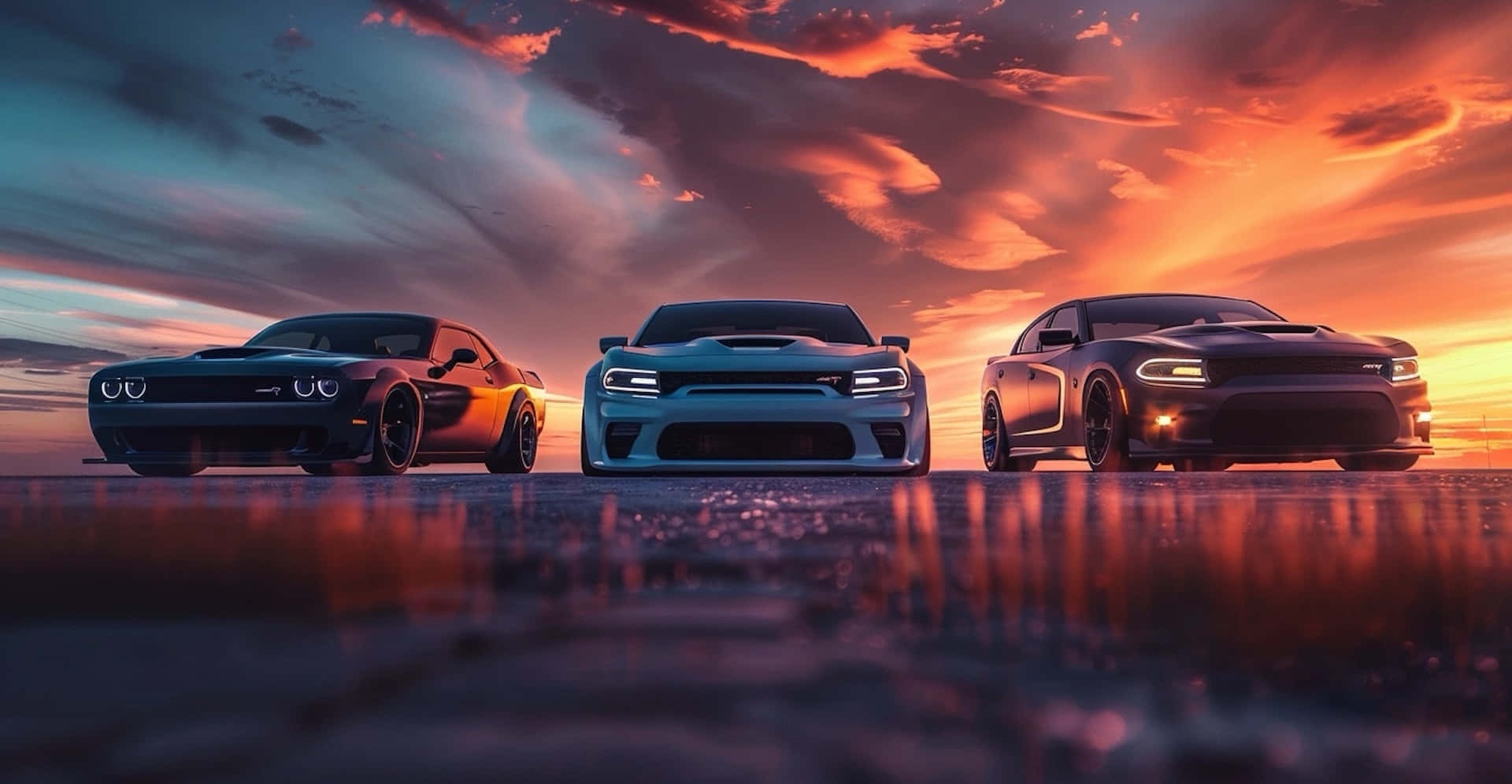 Dodge Charger Hellcat Trio Sunset Silhouette Wallpaper