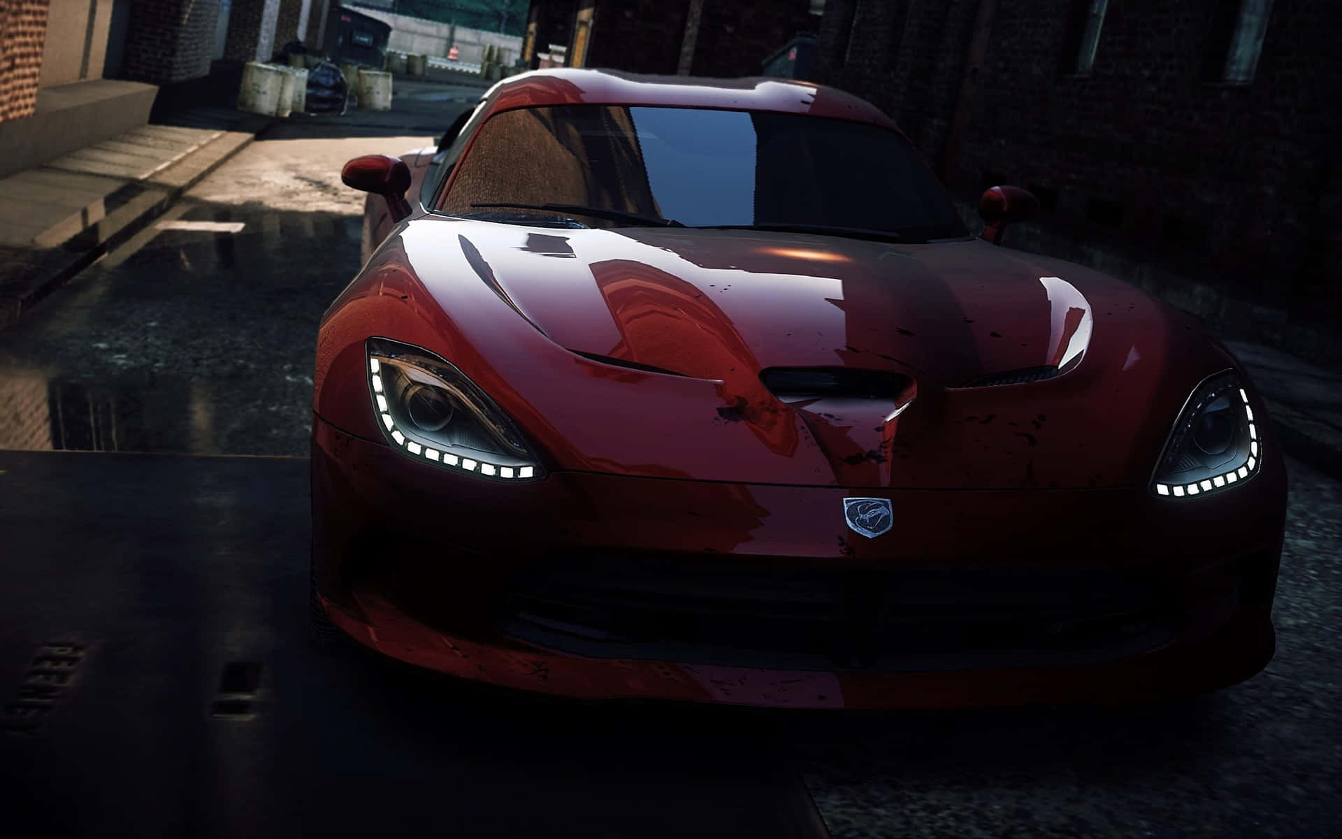 Et rødt bil er parkeret på en gade i Grand Theft Auto. Wallpaper