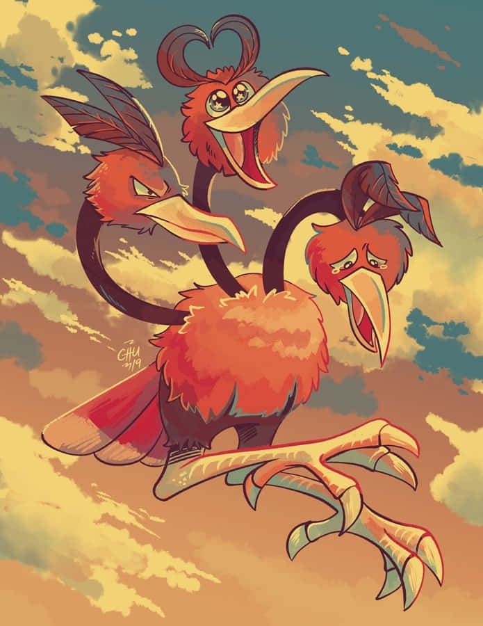 Fanartde Dodrio Pokémon En El Cielo Del Atardecer. Fondo de pantalla