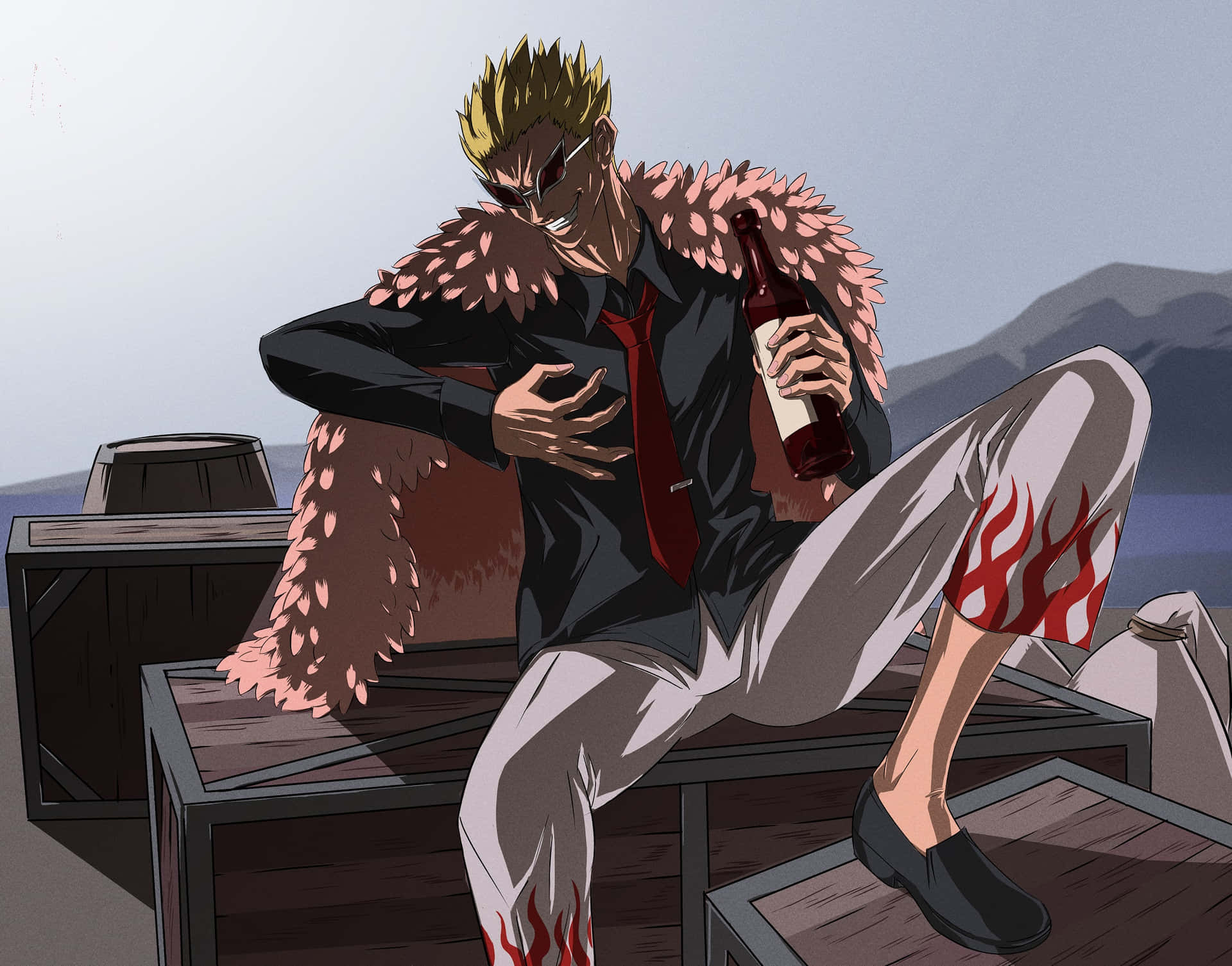 Doflamingo Relaxing With Drink Anime Art Wallpaper