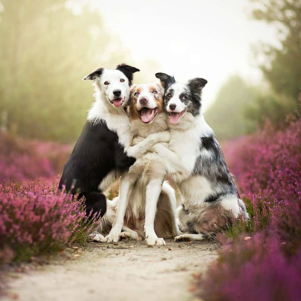 Fire venlige hunde, der slapper af en solrig dag Wallpaper