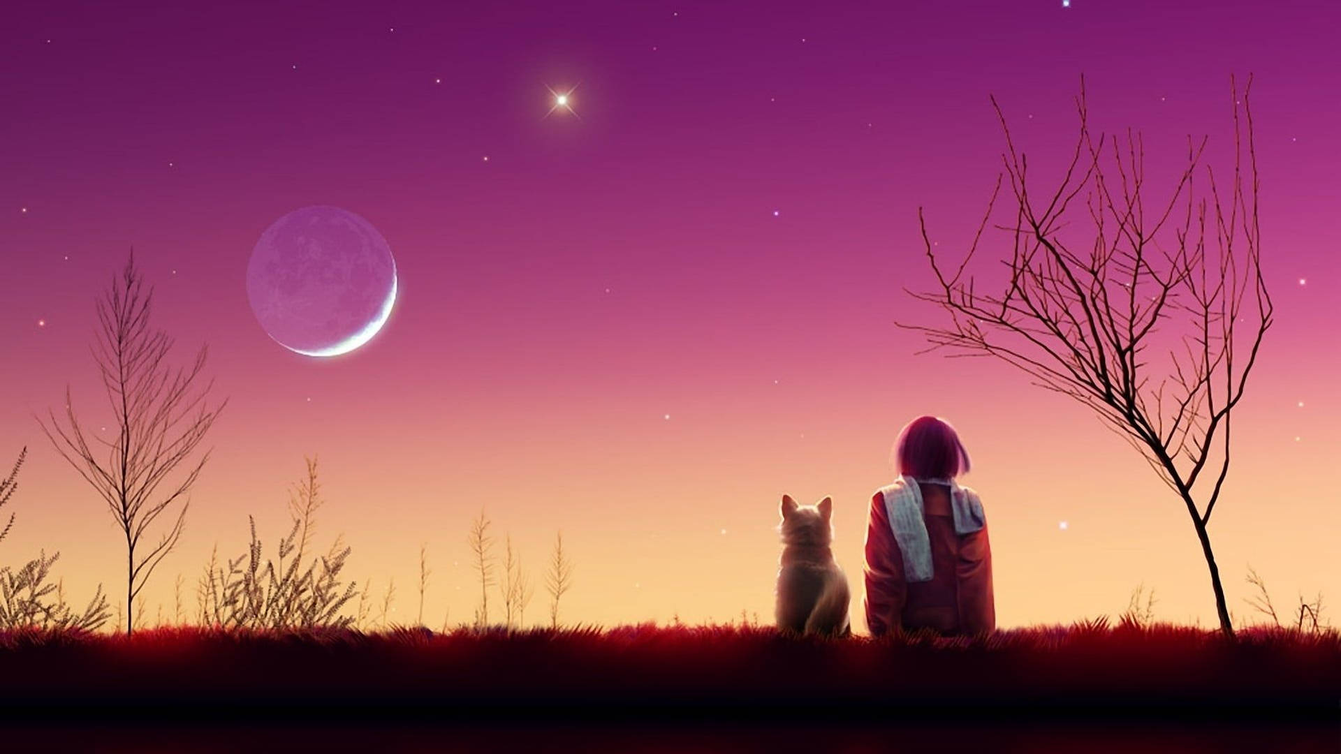 Dog And Girl Moon Light View Wallpaper