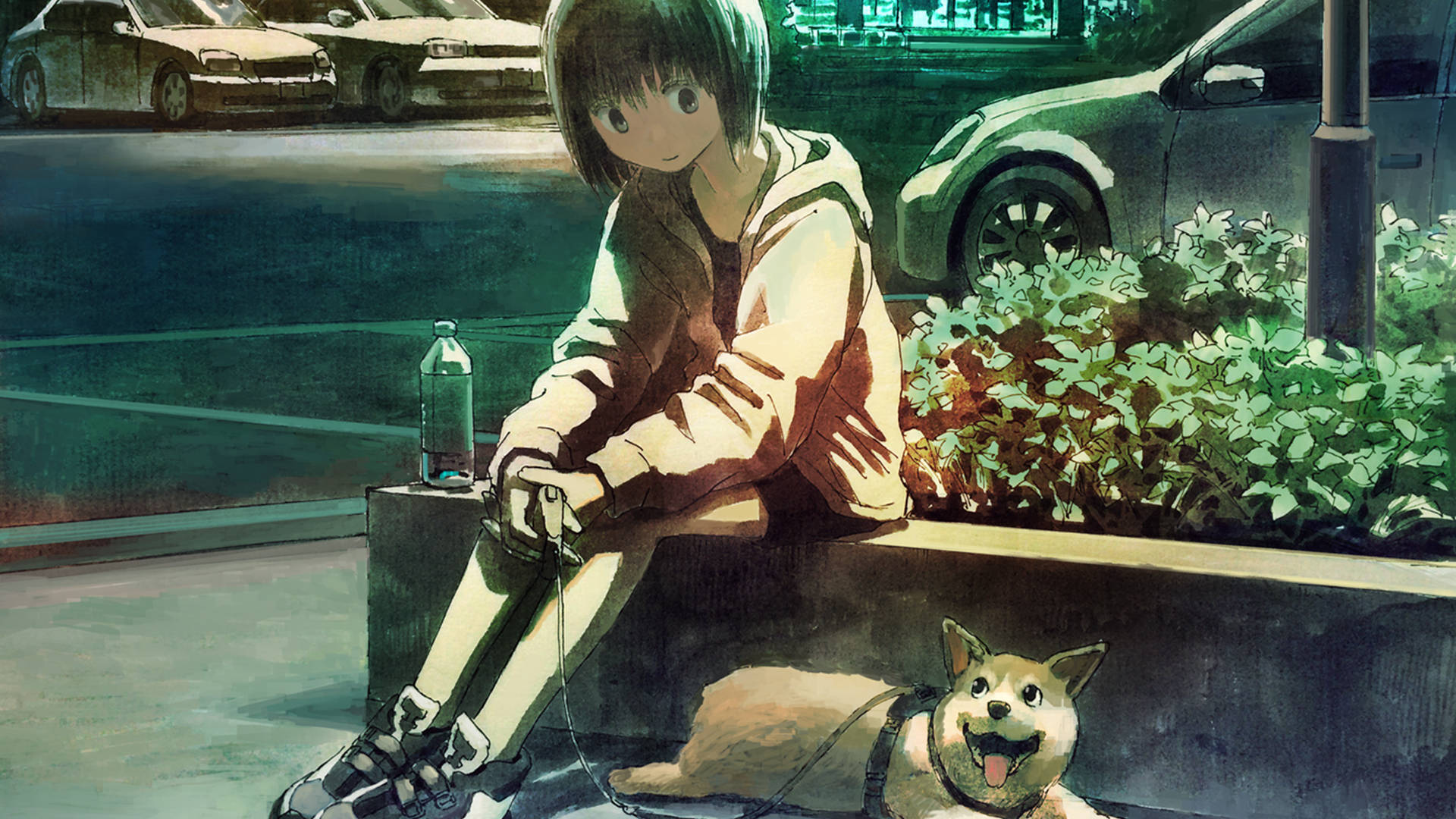 Dog And Girl Resting In A Park Wallpaper