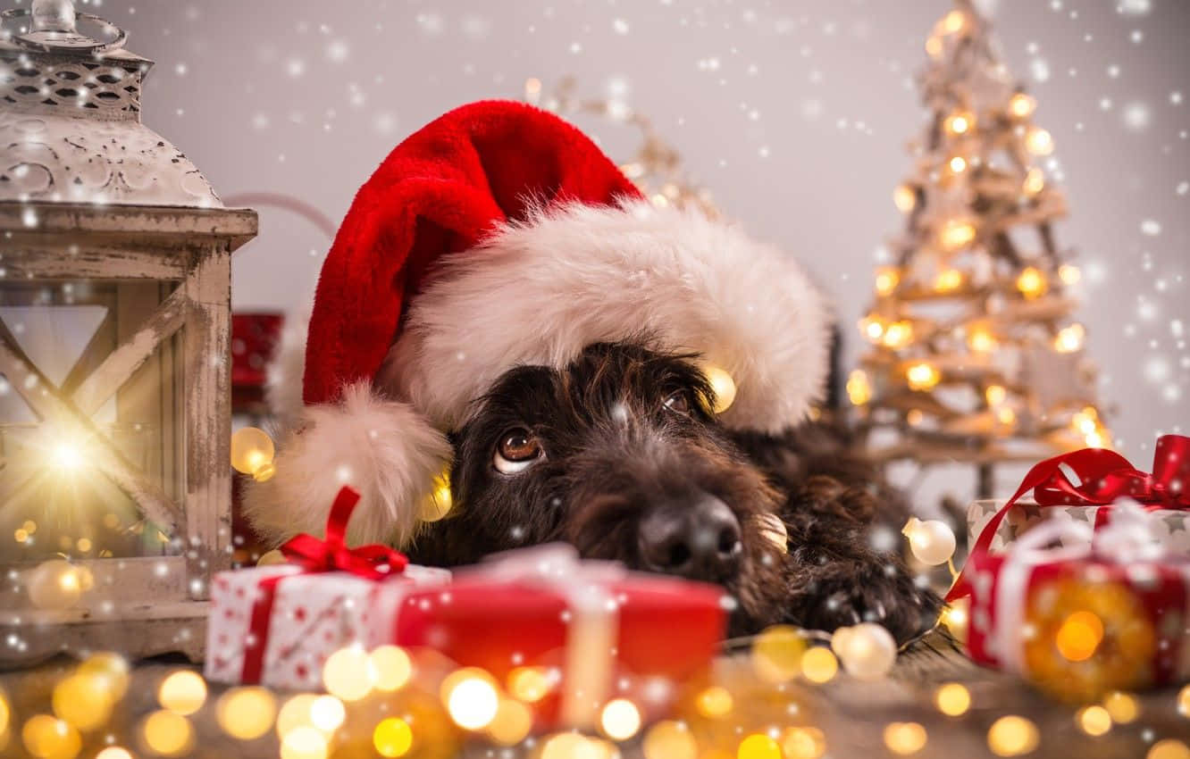 Hundemit Weihnachtsmannhut Träumend Auf Bildern