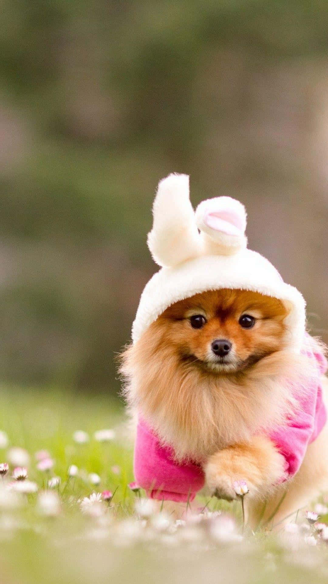 A Small Dog In A Pink Hat Running Through The Grass Wallpaper