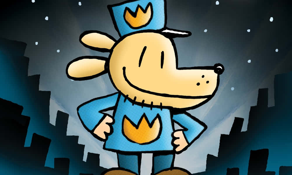 A Cartoon Dog In A Blue Hat Standing In Front Of A City Wallpaper