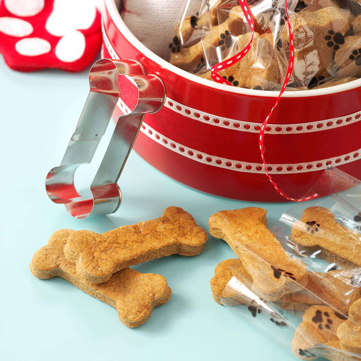 Dog Treat Bone Cookies With Red Bowl Picture