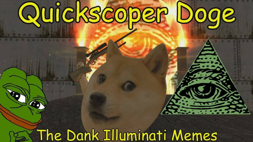 Doge and pepe frog meme with illuminati sign saying 