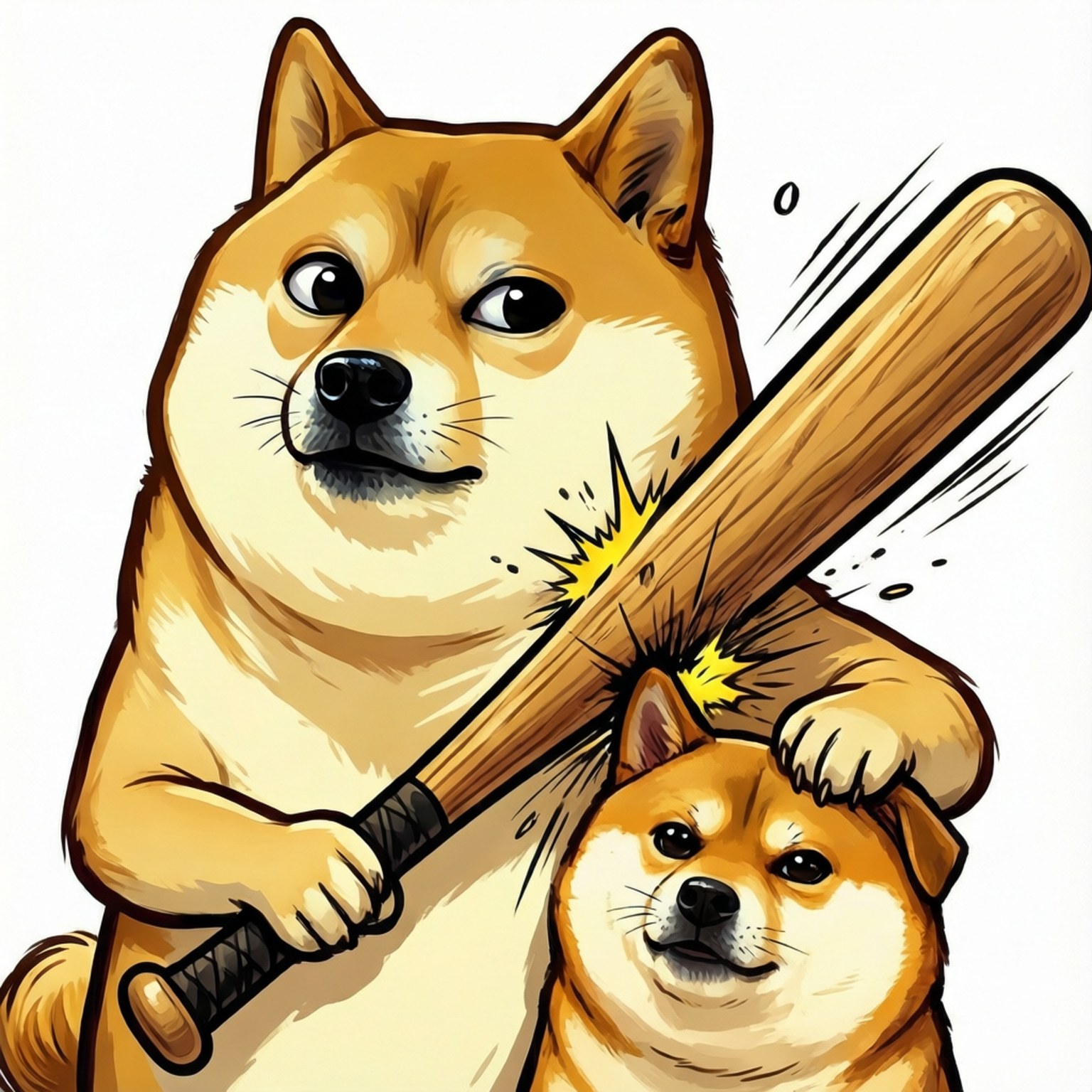 En sjov tegneserie doge meme med et bat, klar til at bonke en anden doge.