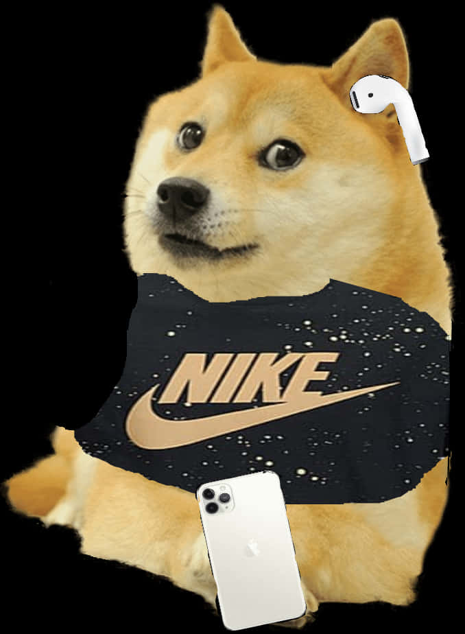 Doge In Nike Gear With Air Podsandi Phone.jpg PNG