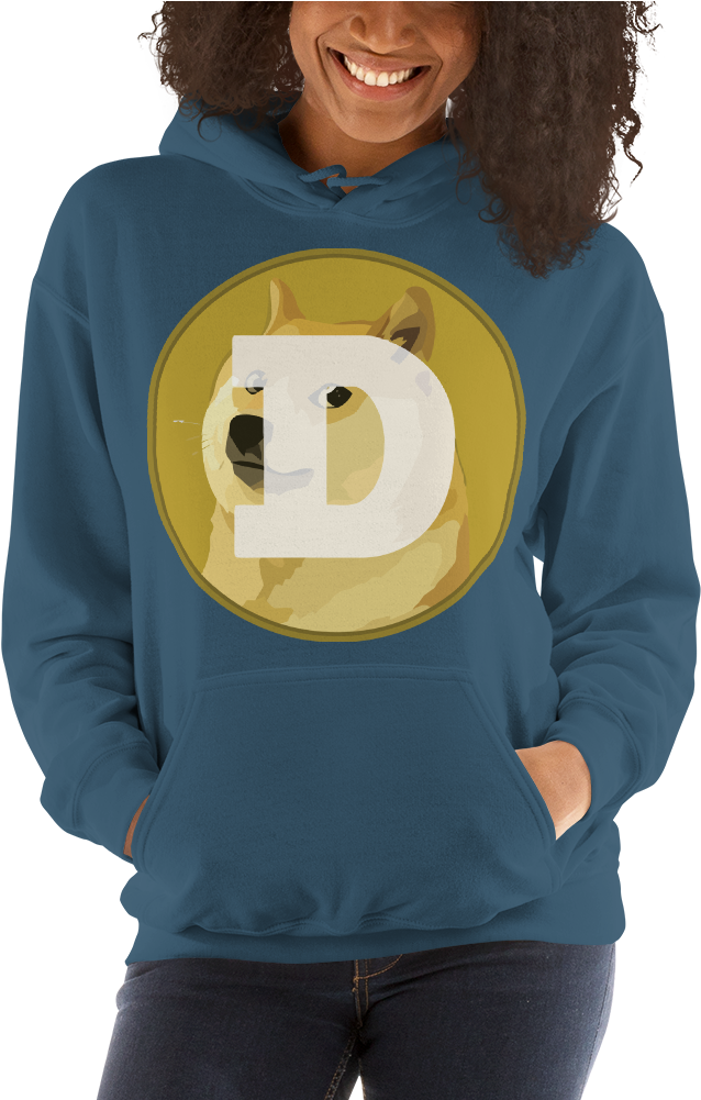 Dogecoin Logo Hoodie Wornby Woman PNG