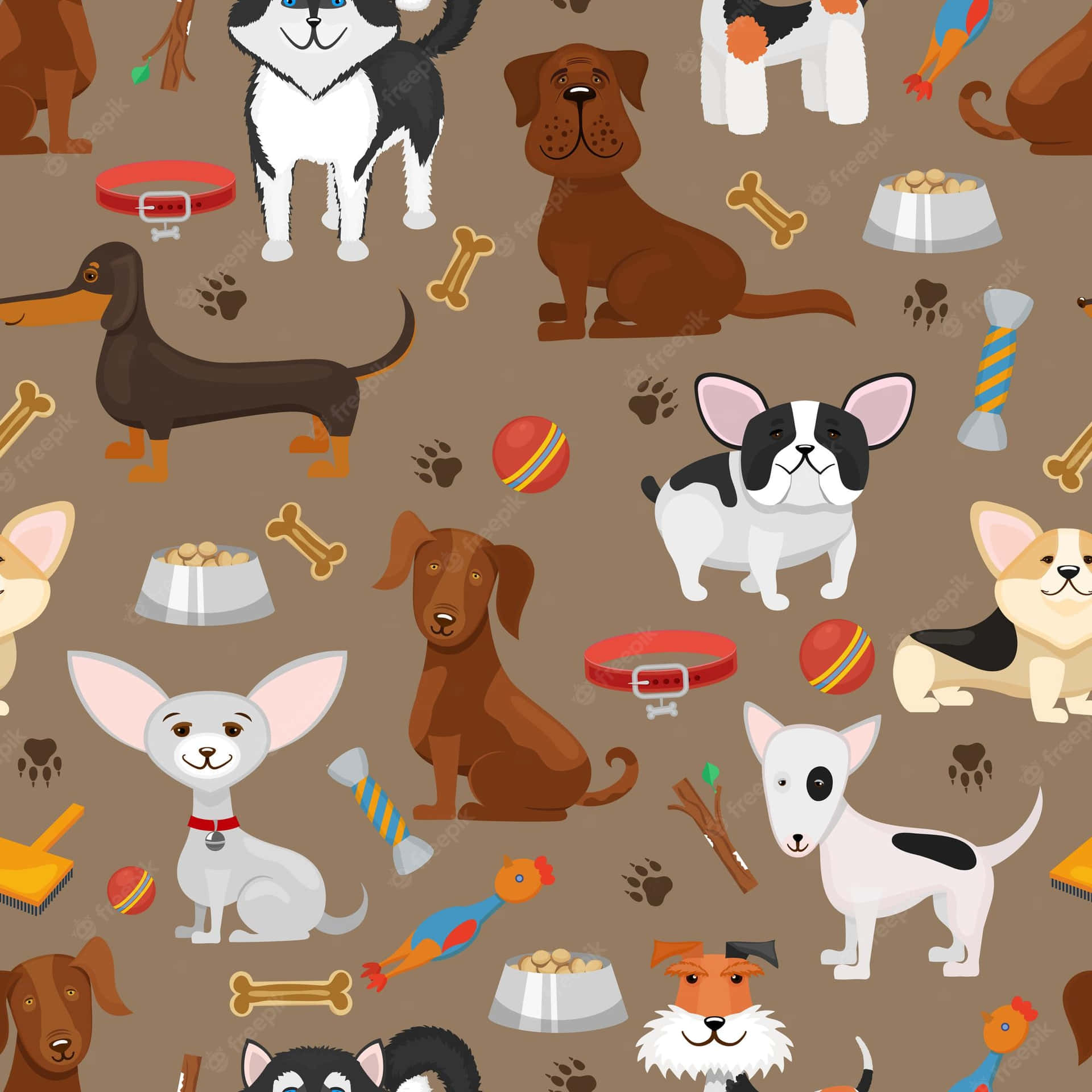 A Seamless Pattern Of Dogs And Their Toys