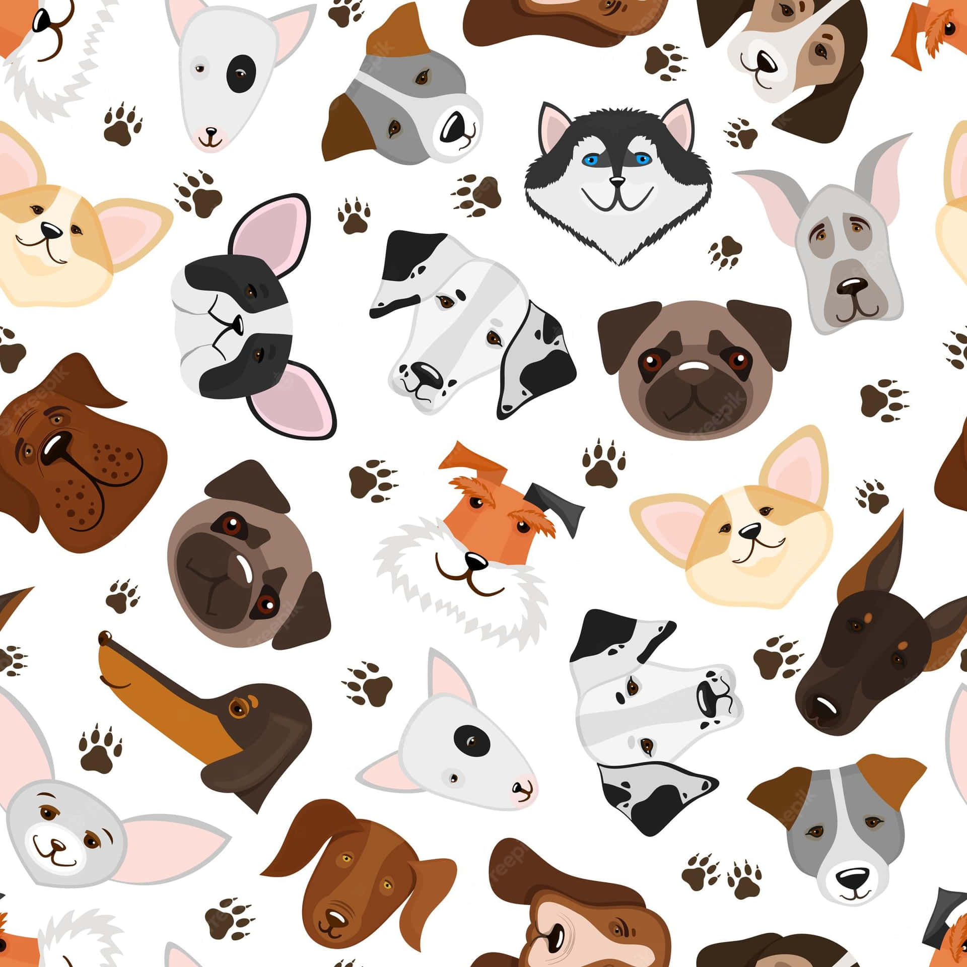 A Pattern Of Dogs With Paw Prints On A White Background