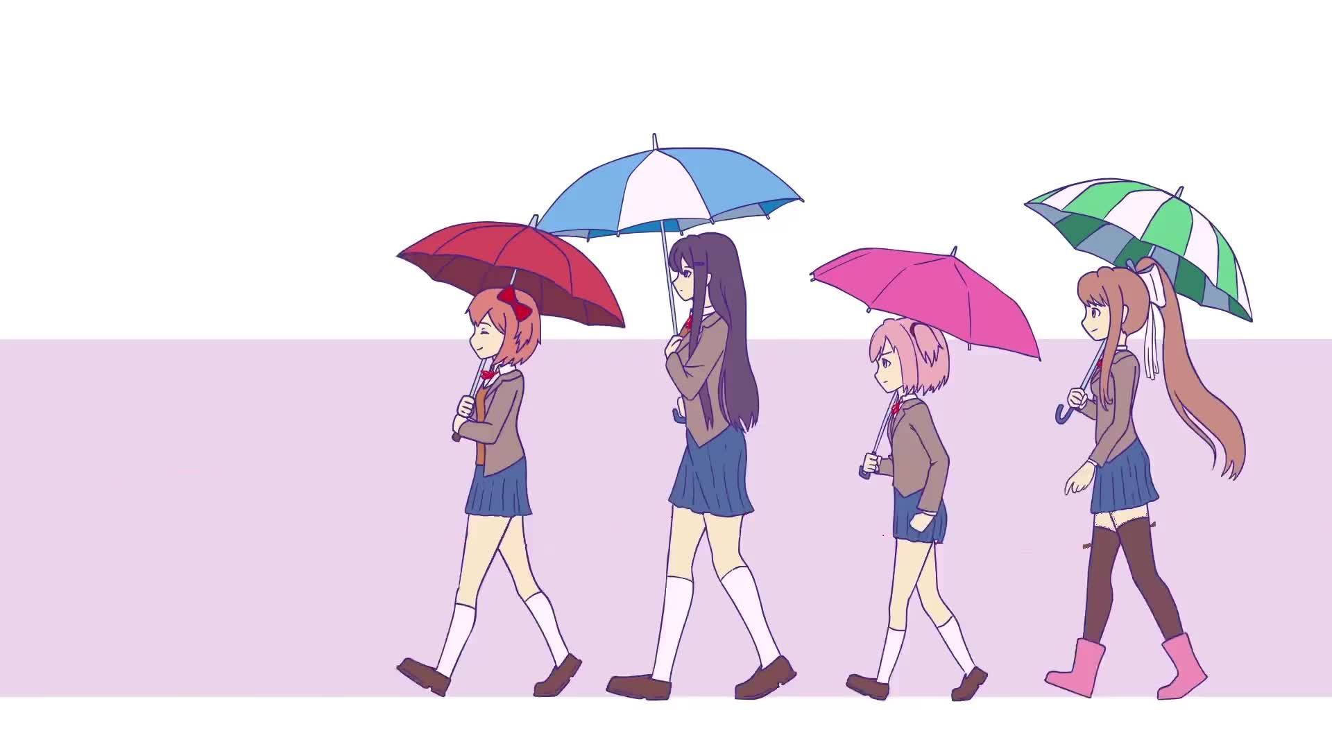 Doki Doki Literature Club Girls With Umbrellas Wallpaper