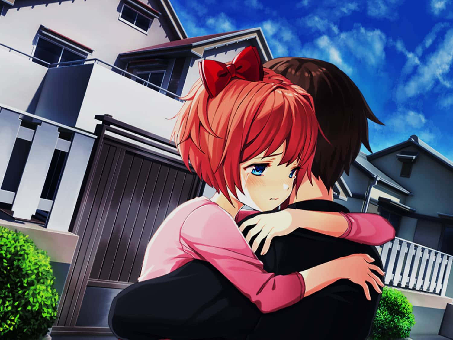 A Couple Hugging In Front Of A House Wallpaper