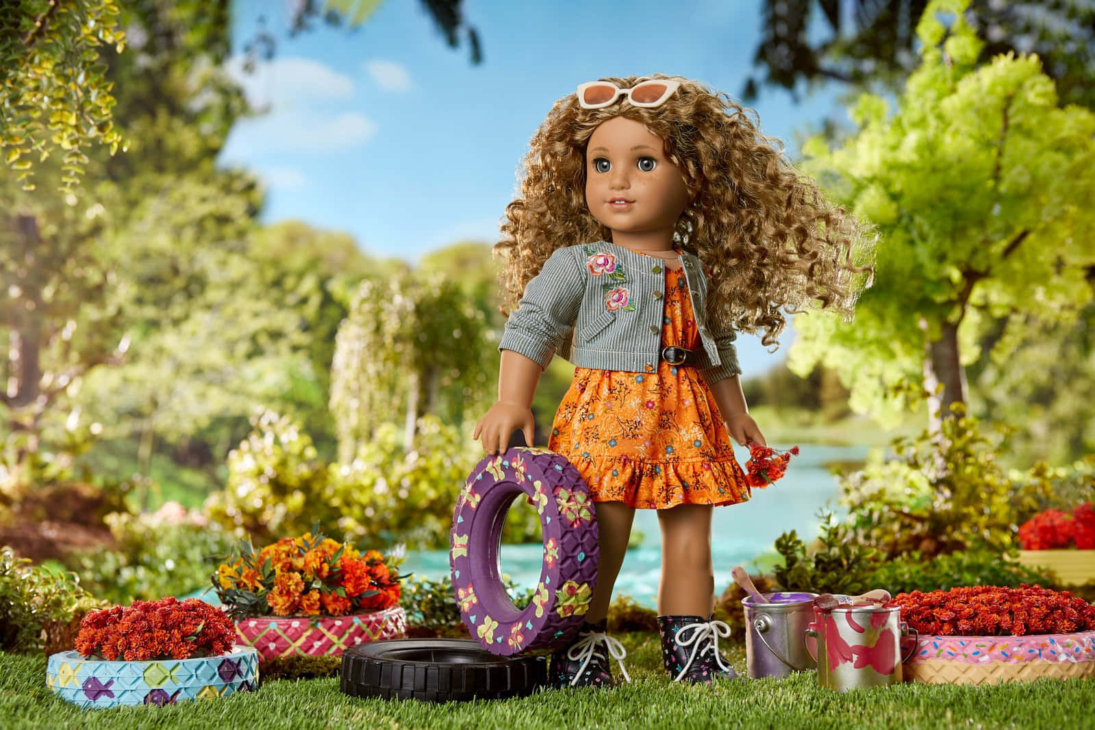 American Girl Doll In A Garden With Flowers