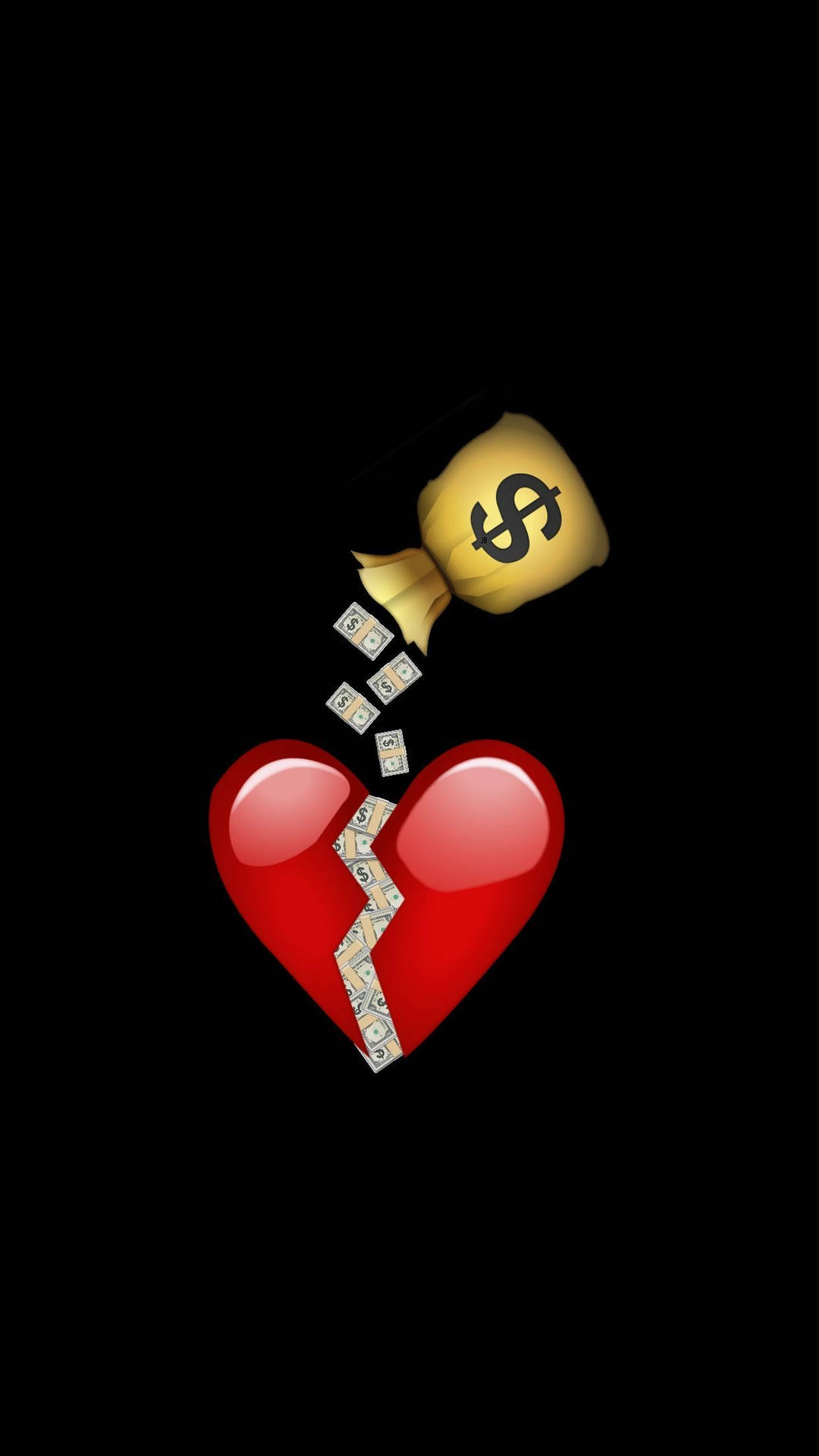 A Striking Depiction of a Broken Heart Surrounded by Dollar Notes Wallpaper