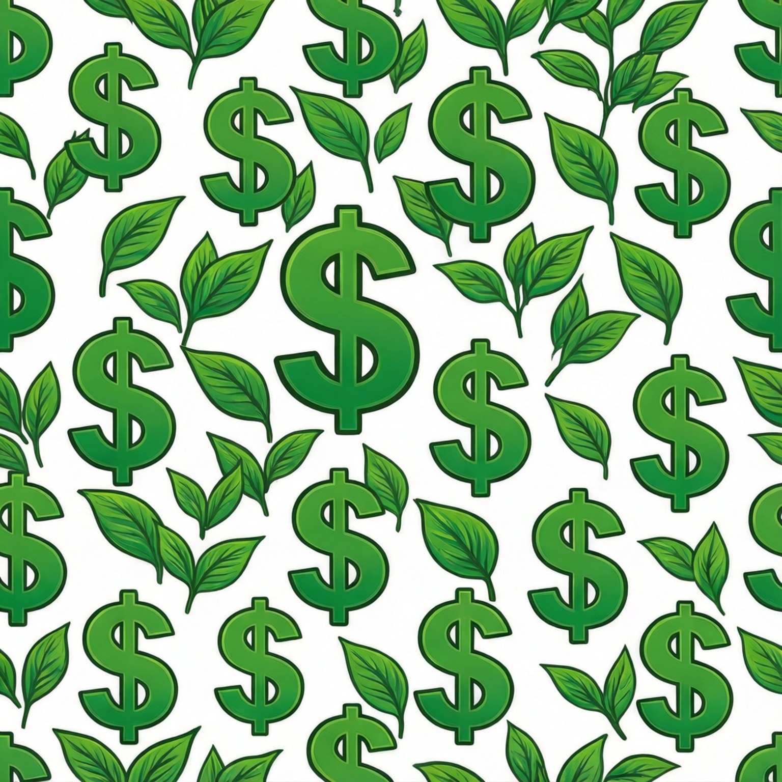 Gröna dollarsymboler och löv i ett upprepande mönster.