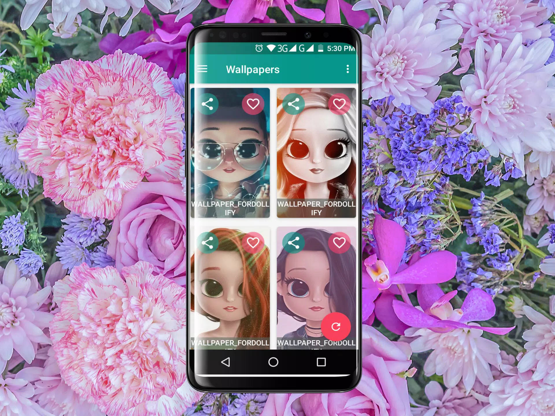 A Phone With A Pink Flower Background And A Cartoon Character Wallpaper