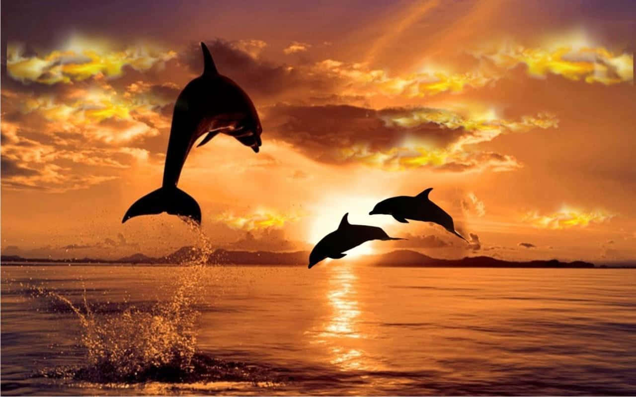 Tre delfiner dyr mod solnedgang Wallpaper