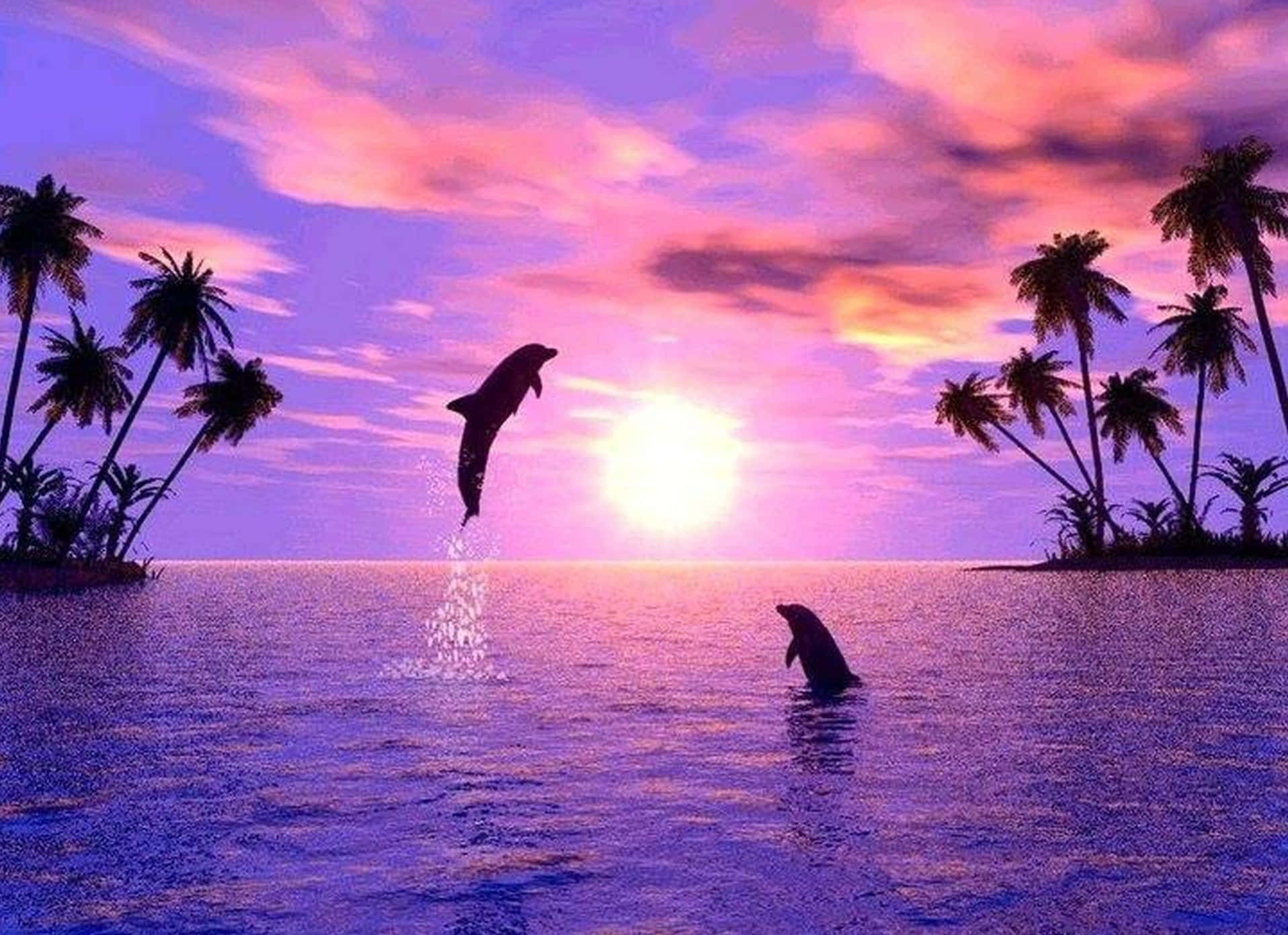 Delfínjugando Contra Un Atardecer Morado. Fondo de pantalla