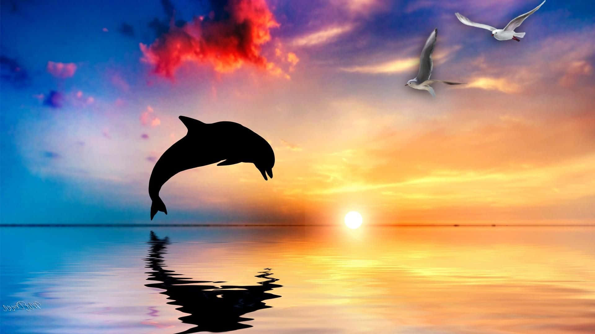 Se solnedgang over havet, en flok delfiner svømmer tættere på for deres aftenforestilling. Wallpaper