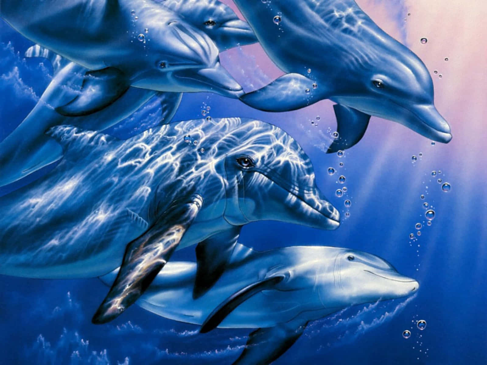 A pod of happy dolphins jumping in perfect unison.