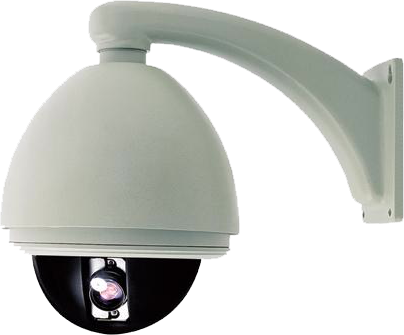 Dome Security Camera PNG — A white dome security camera mounted on a wall bracket against a black background.