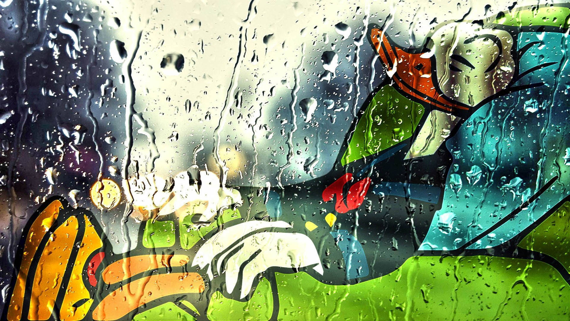 Donald Duck Regndråbe Illustrationer Tapet: Tapet med illustrationer af Donald Duck ved middagstid med regndråber. Wallpaper